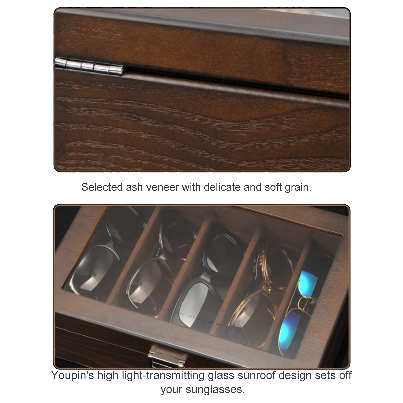 Wooden Jewelry & Sunglasses Organizer Box for Women & Men - 5-Slot Eyewear Display Case with Storage Holder - Dark Brown Sunglasses & Jewelry Collection Box | Perfect for Home, Office & Travel Organization