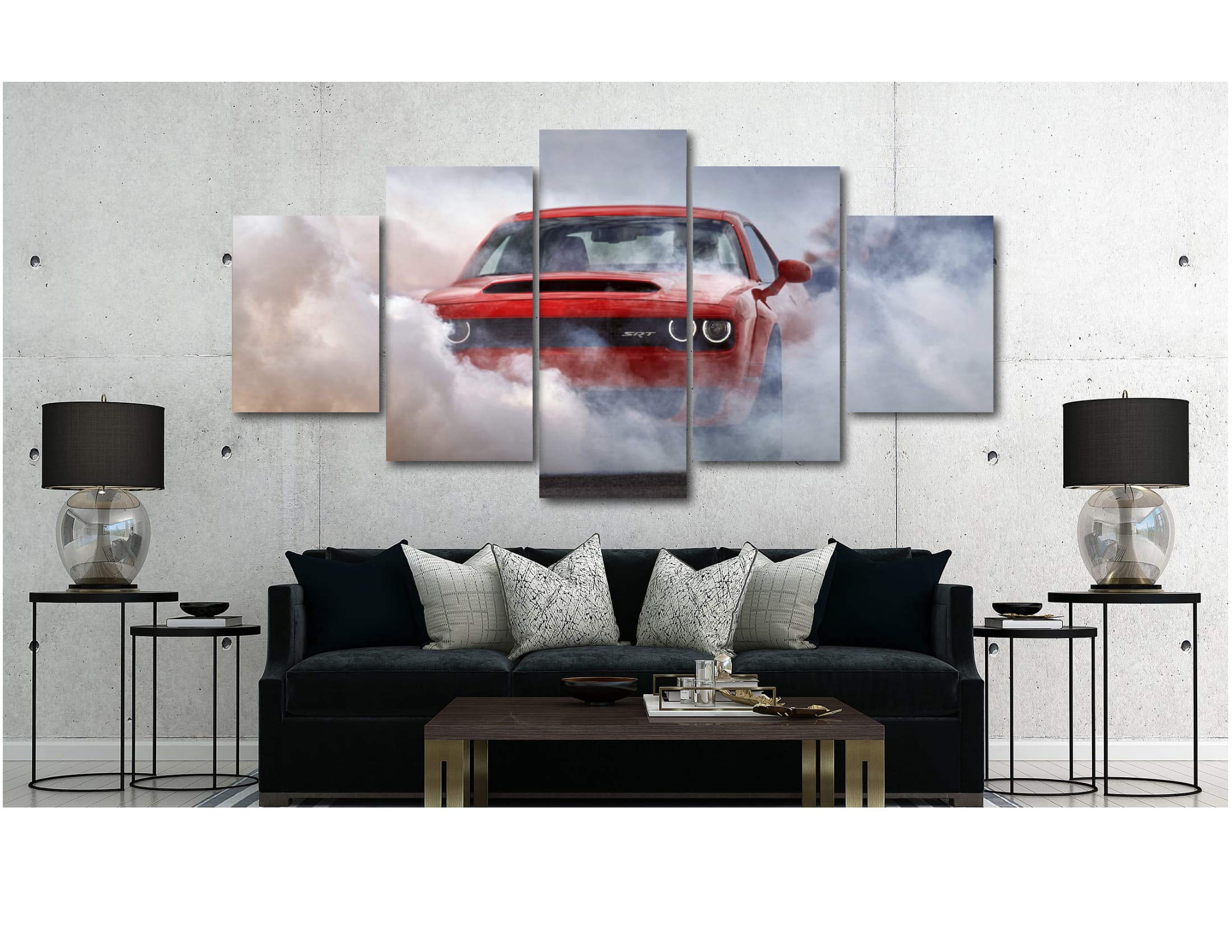 5-Piece Luxury Canvas Sports Car Wall Art - Supercar & Exotic Vehicle Posters - Modern Home & Office Decor (Extra Large 5-Panel Set, Dodge Challenger Demon SRT) - Perfect for Man Cave, Garage, Living Room & Bedroom Wall Decor