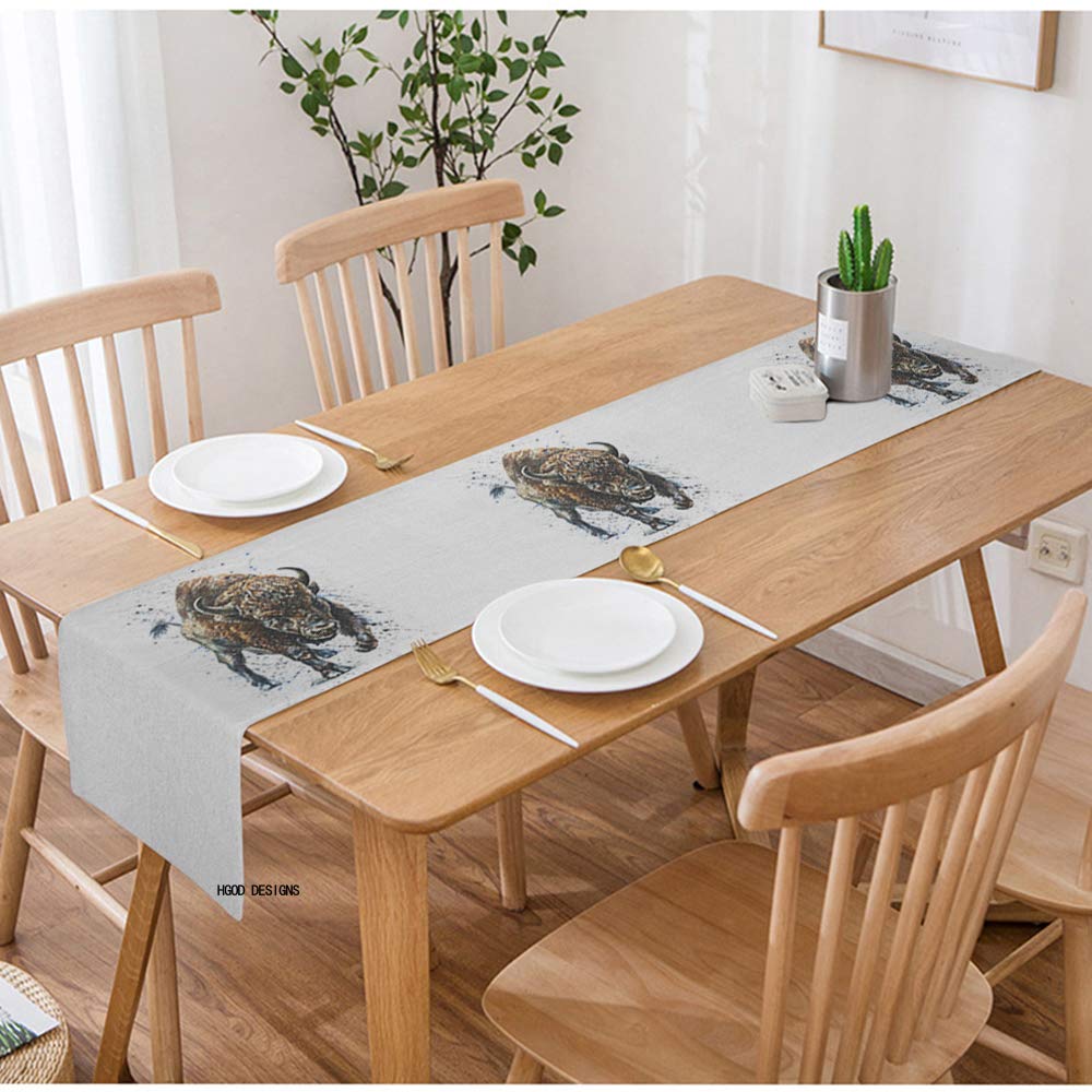 HGOD DESIGNS Buffalo Table Runner - Watercolor Bison Art Cotton Linen Tablecloth for Kitchen Dining Room Decor (14x72 Inches) | Perfect for Farmhouse Style Tables, Thanksgiving Dinner, and Rustic Home Decor
