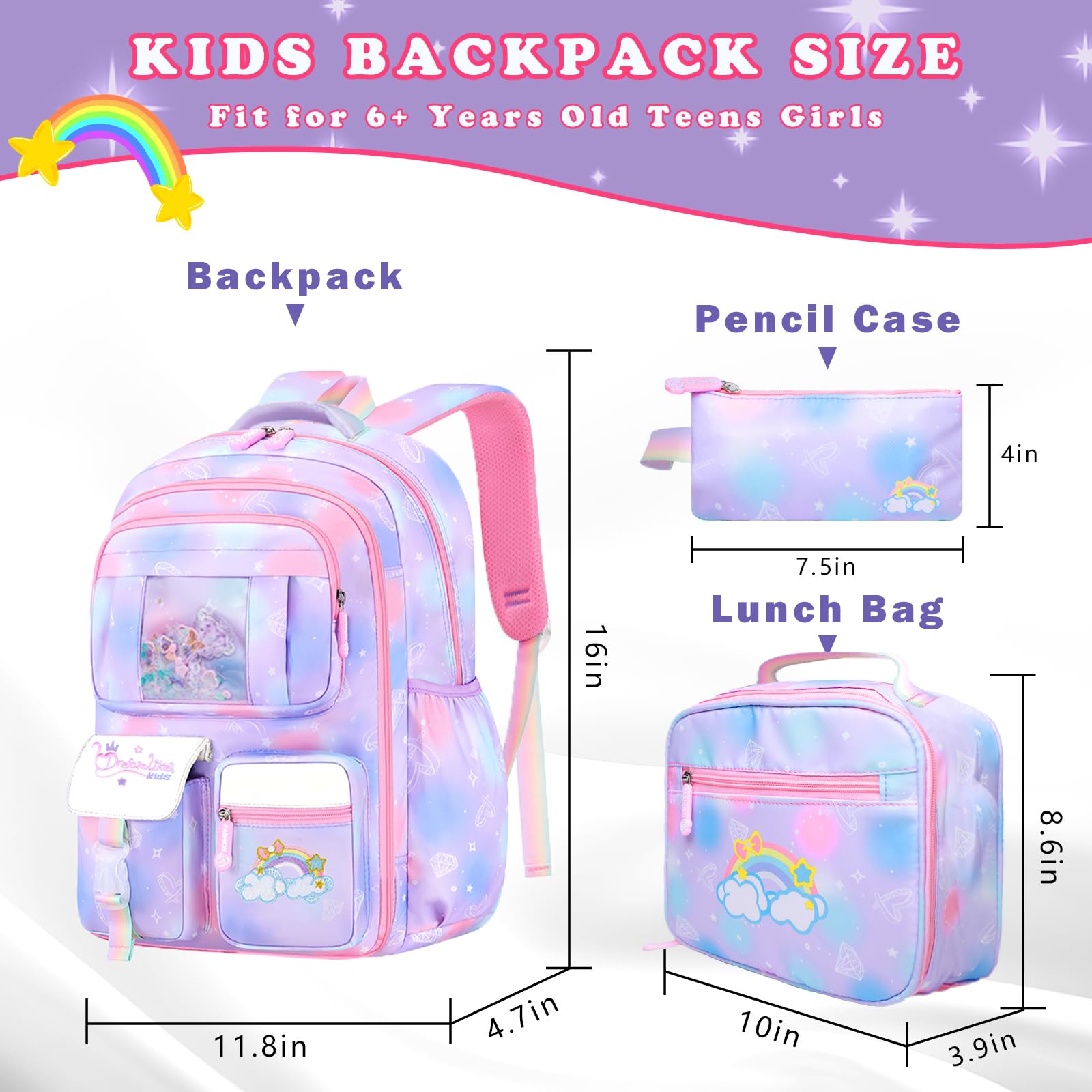 3Pcs Girls Backpack Set - Cute Rainbow School Backpack with Lunch Bag & Pen Case, Multi-Pocket Elementary Backpack for Preschool & Toddler (Purple) - Perfect for School, Travel & Daily Use