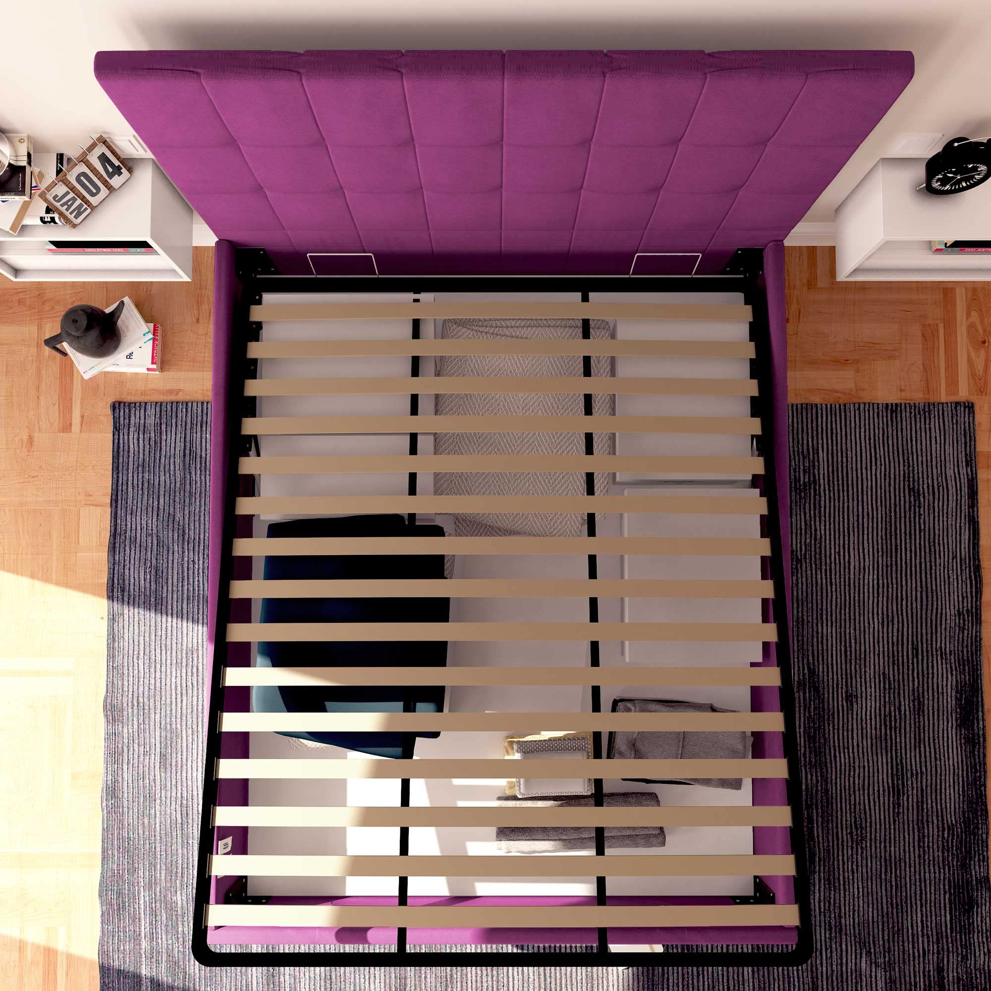 Baldiflex Single Bed with Storage, Dublin Fabric Model, Slatted Base for Single Mattress, 90 x 200 cm, Elegant Headboard in Fuchsia - Perfect for Small Bedrooms, Guest Rooms & Studio Apartments