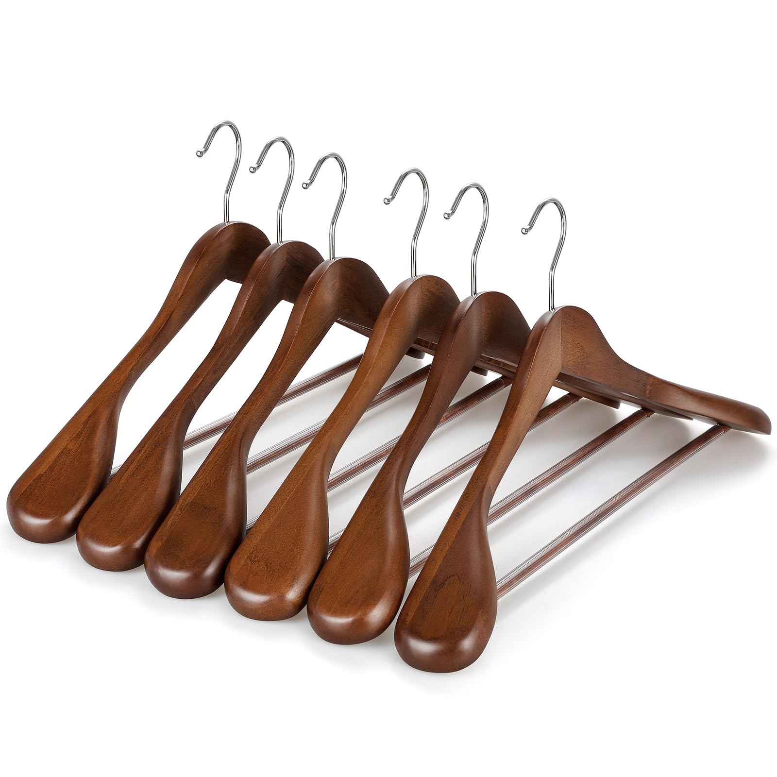 Premium Solid Wood Wide Shoulder Hangers - Non-Slip Pants Bar & 360° Swivel Hook - Heavy Duty Suit & Coat Hangers (6 Pack, Walnut) - Perfect for Closet Organization & Luxury Garment Storage