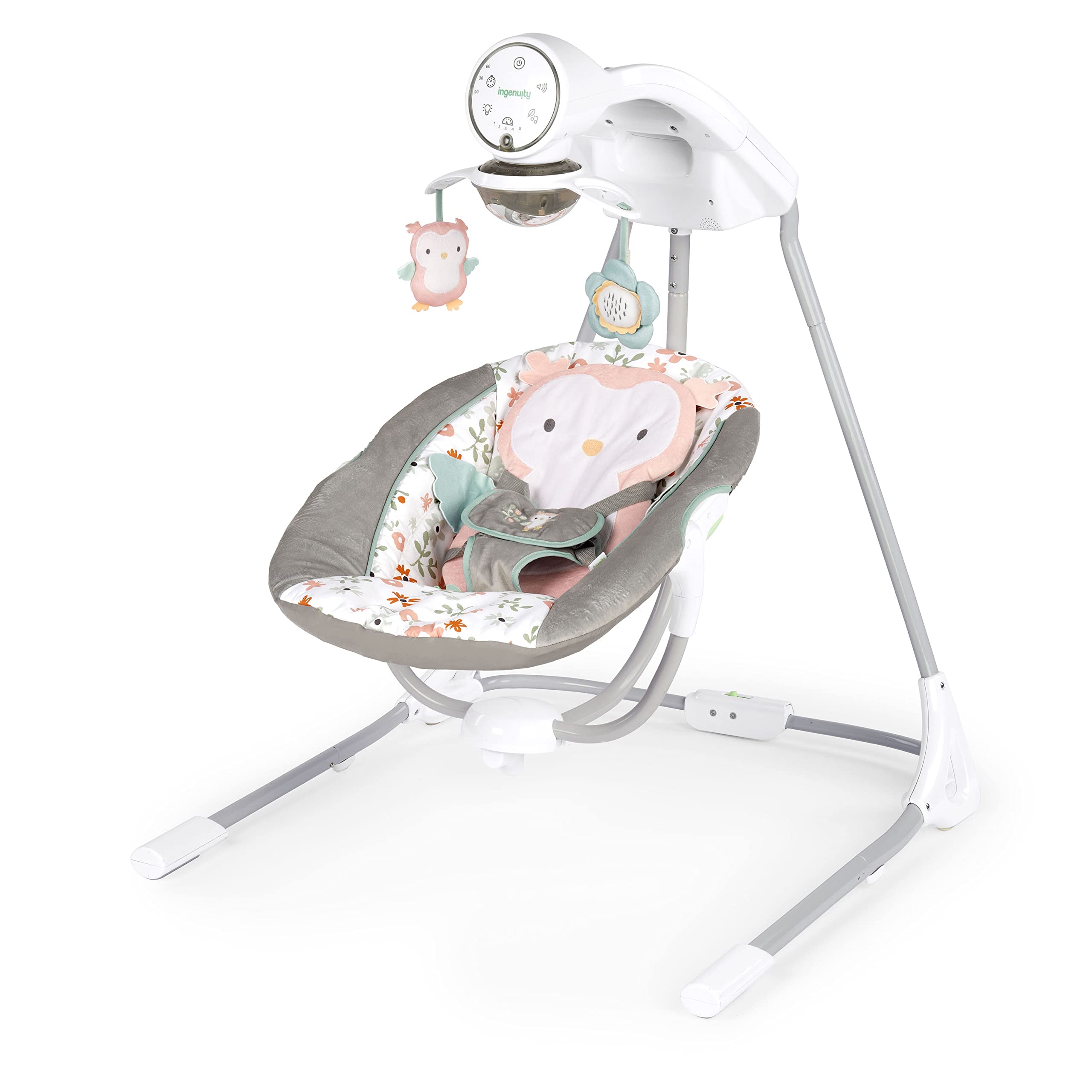 Ingenuity InLighten 5-Speed Baby Swing with Swivel Seat - Adjustable 5-Point Safety Harness, Soothing Nature Sounds & Calming Lights - Nally Owl Design - Perfect for Newborns & Infants (0-9 Months) for Daytime Naps & Evening Relaxation