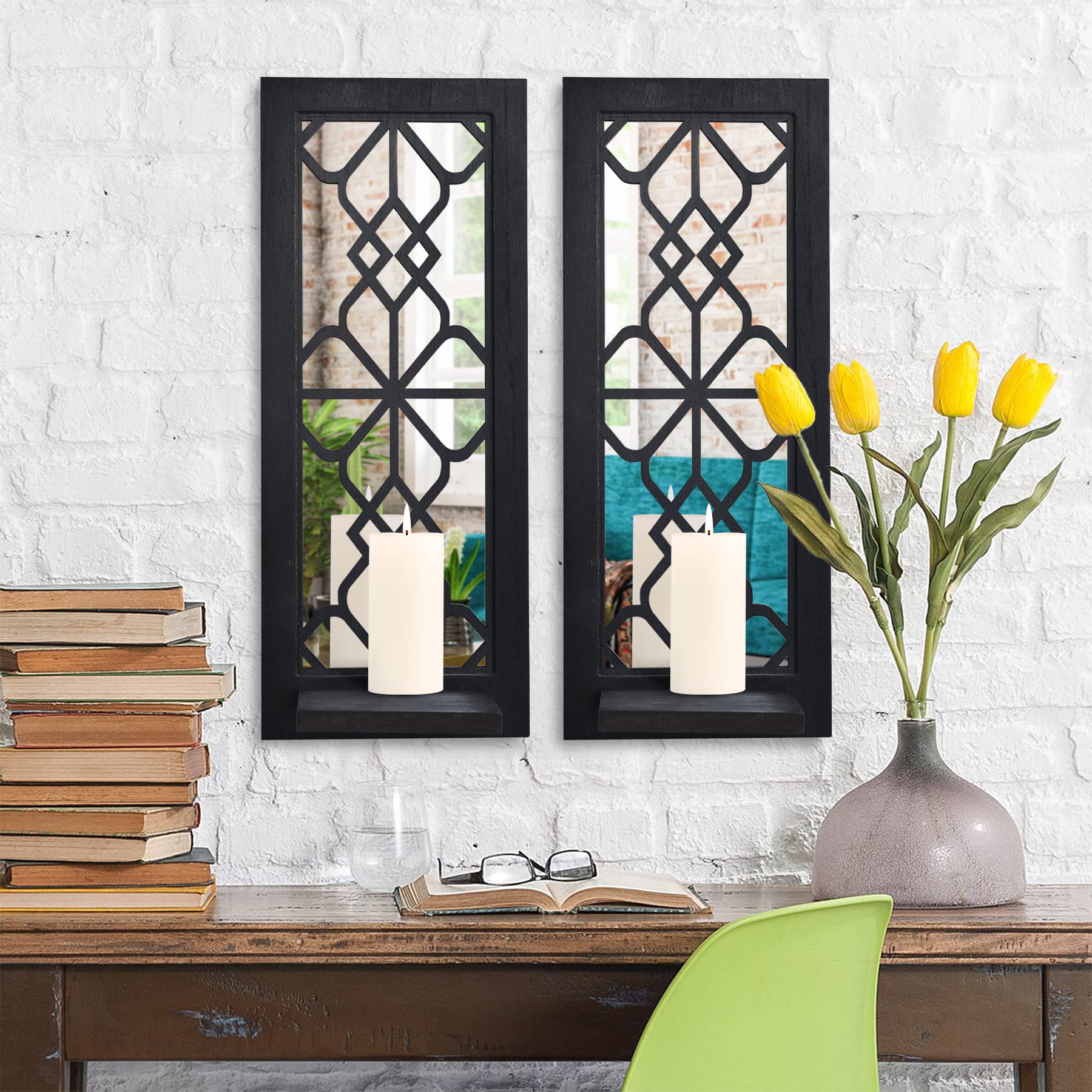 Pibeyer Set of 2 Rustic Wood Wall Candle Sconces - Black Farmhouse Candle Holders for Living Room Decor & Wall Art - Perfect for Home, Bedroom, Wedding and Holiday Decoration