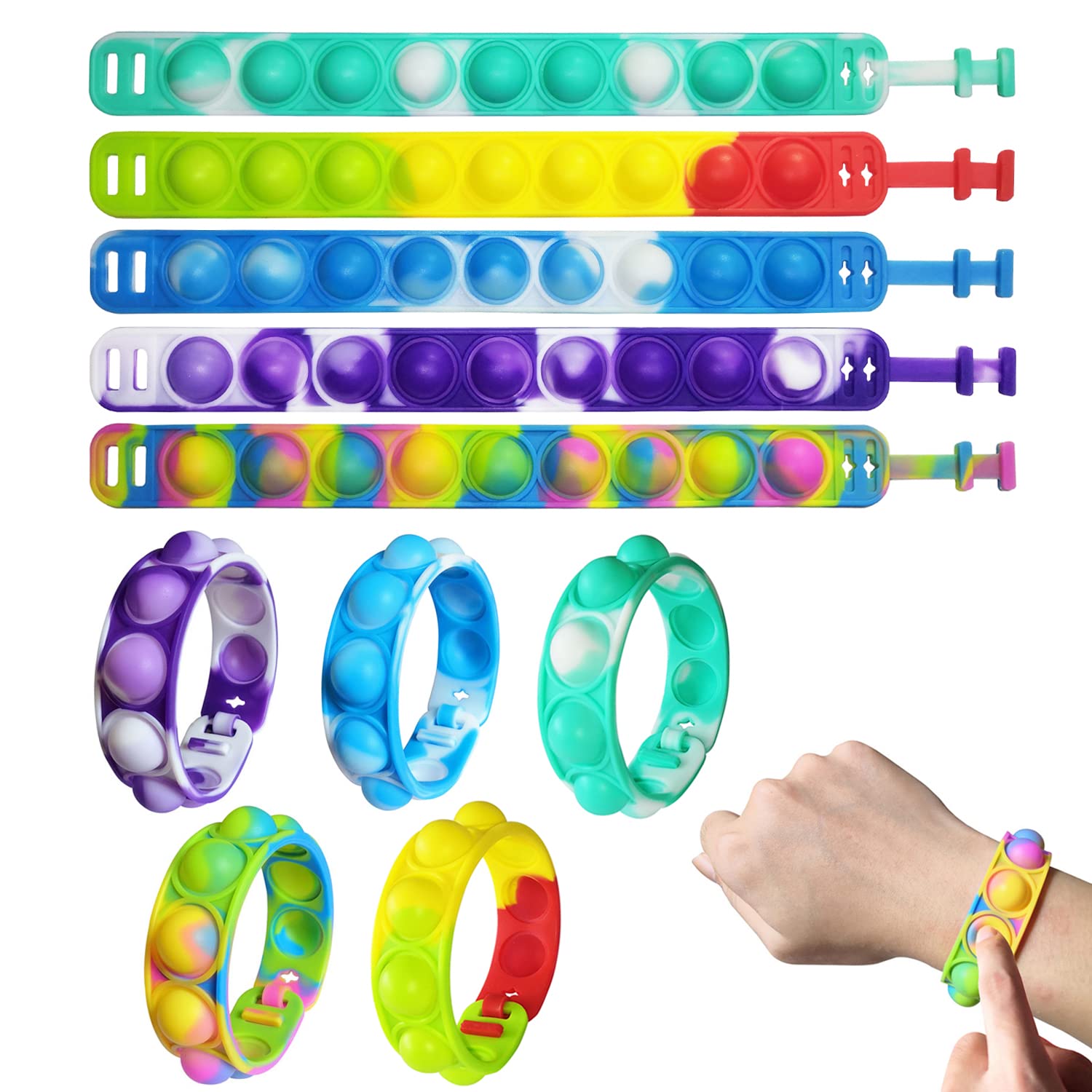 BECILES 5PCS Pop Fidget Toys Bracelet - Multicolor Stress Relief Sensory Toys for Kids & Adults, Wearable Push Bubble Fidget Bracelet for Anxiety Relief - Perfect for Classroom, Office & Travel Use