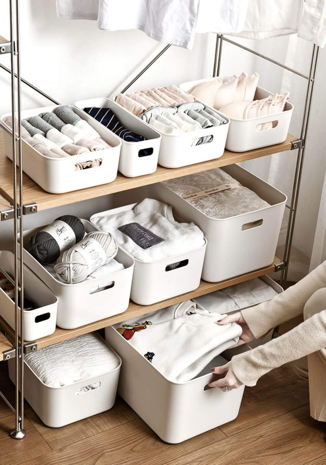 Plastic Storage Bins - 2 Pack Narrow White Storage Containers for Kitchen Pantry, Under Bed & Bathroom Organization | Space-Saving Home Storage Solution for Closet, Office & Laundry Room