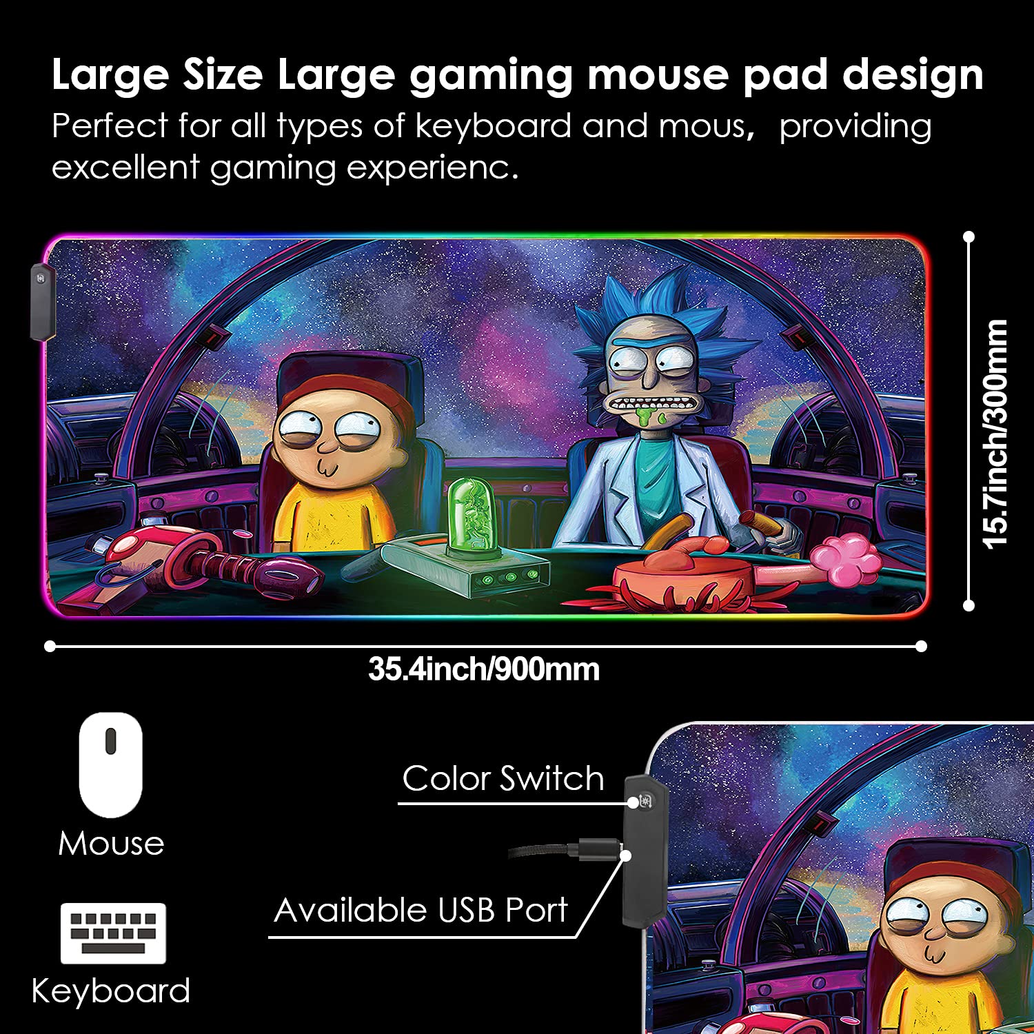 RGB LED Gaming Mouse Pad with Non-Slip Rubber Base - 35.4