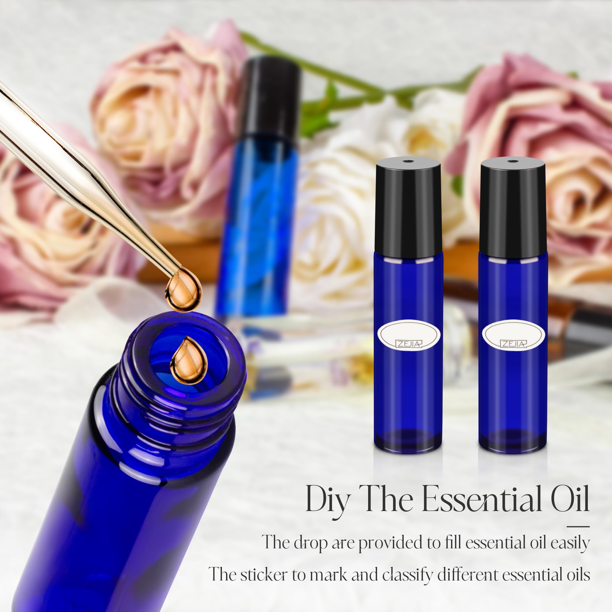 ZEJIA 12 Pack 10ml Essential Oil Roller Bottles - Cobalt Blue Thick Glass Roller Bottles with Stainless Steel Balls & 2 Droppers - Perfect for Aromatherapy, DIY Blends & Travel Size Essential Oil Storage