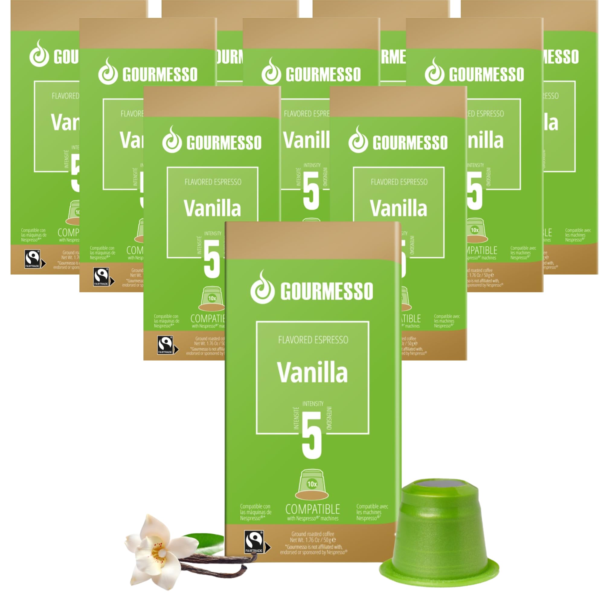 Gourmesso 100ct Vanilla Flavored Nespresso Pods - Compatible with Original Line Machines | Premium Vanilla Espresso Coffee Capsules | Fairtrade Certified | Perfect for Home & Office Coffee Breaks