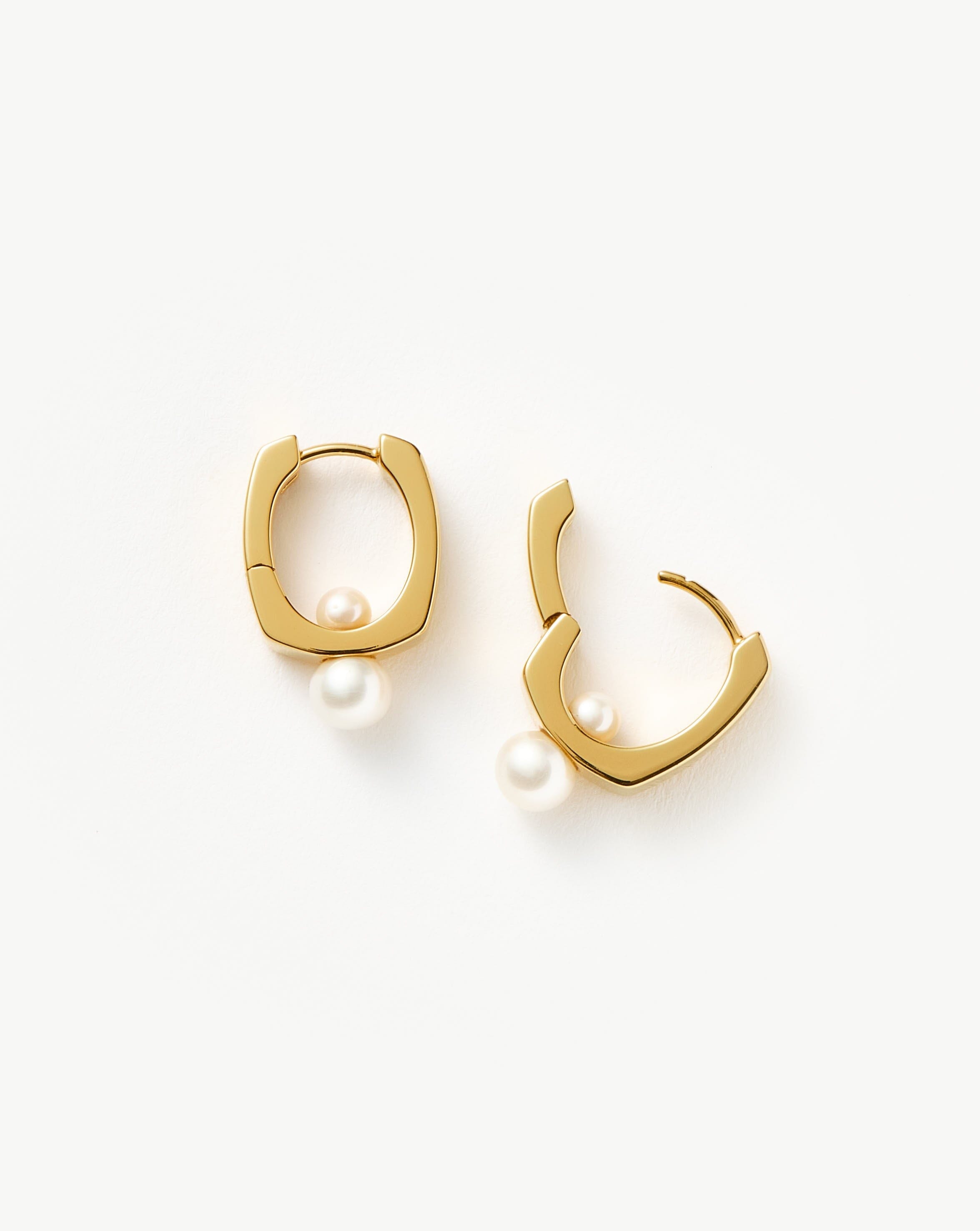 18k Gold Plated Button Pearl Square Small Hoop Earrings for Women - Elegant Minimalist Dainty Jewelry for Everyday Wear, Office, Date Night & Special Occasions