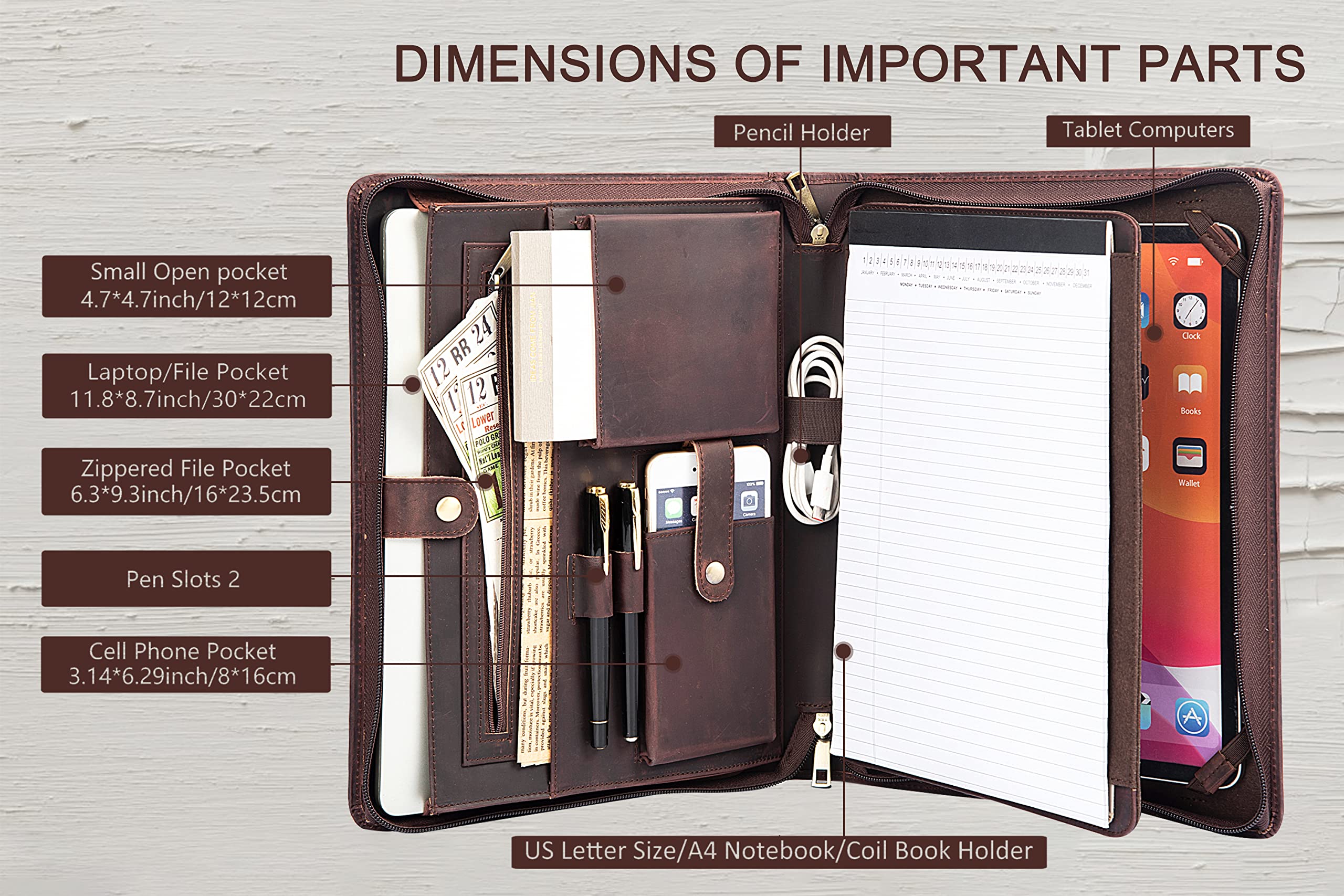 Premium Handmade Leather Portfolio for Men - Zippered Business Document Organizer with A4/Letter Size Capacity & iPad 12.9