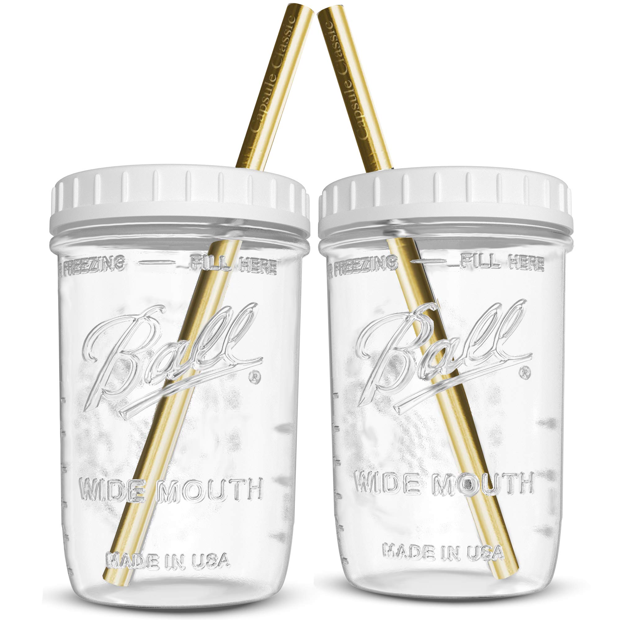 Reusable 16 oz Wide Mouth Mason Jars Glass Cups for Smoothies, Boba Tea & Bubble Tea - 2 Pack with Lids & Gold Straws | Perfect for Home, Office & Cafe Use | Capsule Classic Brand