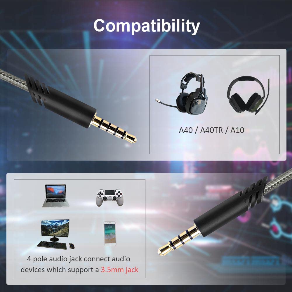 Astro A40 Replacement Cable - 6.5ft Gray Inline Mute Audio Cord Compatible with A10/A40/A40TR Headsets & PS5/PS4 Controllers | Gaming Headset Accessory for PC, Console & Streaming Setup