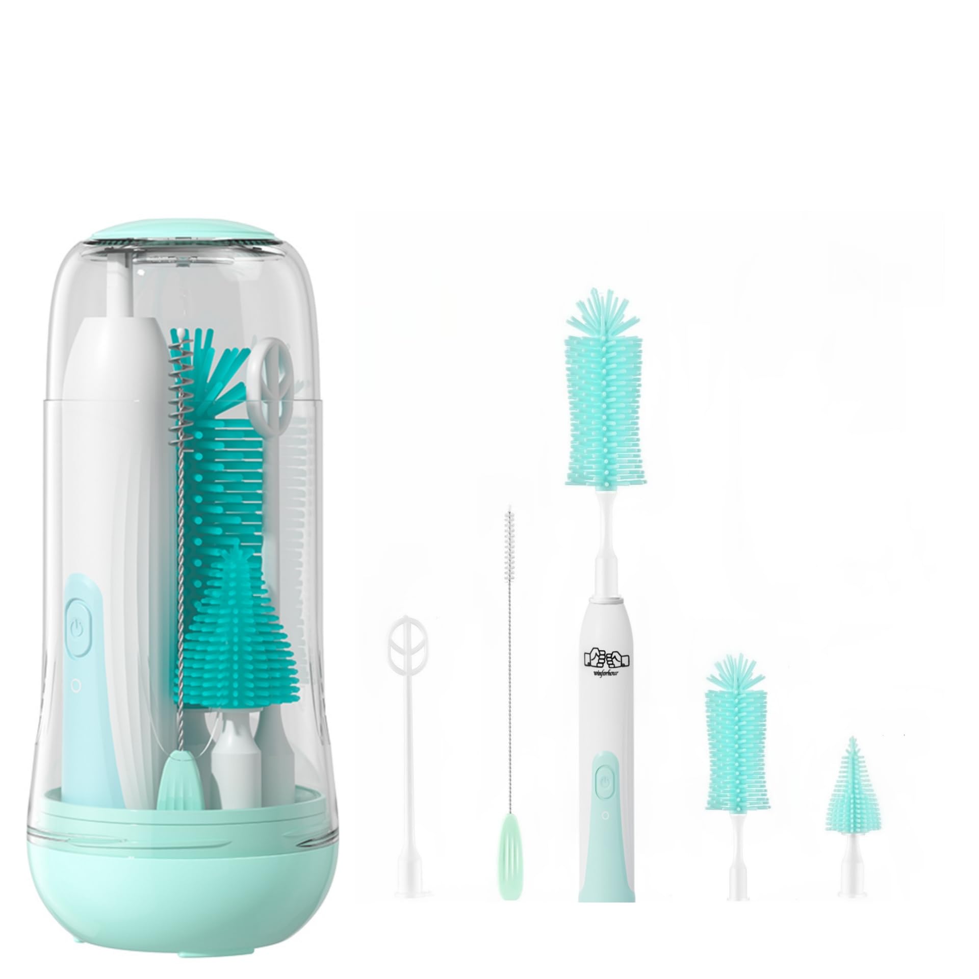 Electric Baby Bottle Brush Set - Automatic Bottle Cleaner with Nipple/Straw Brush, Milk Frother & Drying Rack | Travel-Friendly, BPA-Free (Green) - Perfect for On-the-Go Parents, Daycare & Travel Bottle Cleaning