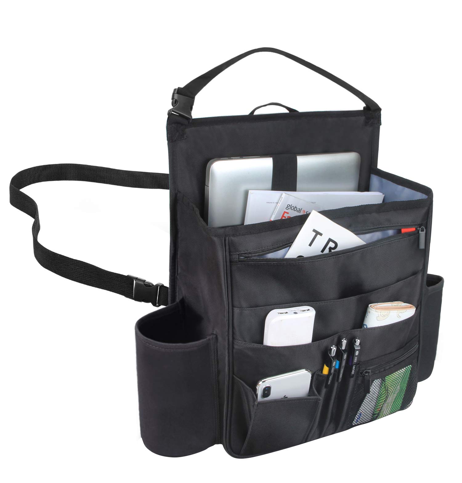 Luxja Car Front Seat Organizer with Laptop & Tablet Storage Pockets - Adjustable Back Straps - Black - Perfect for Road Trips, Commuting & Work Essentials Organization