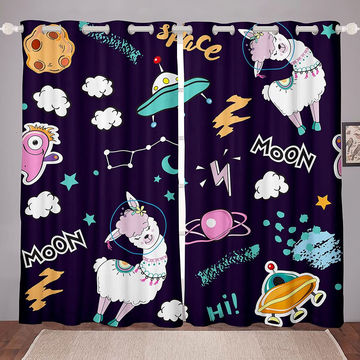Erosebridal Girls Alpaca Window Curtains - Moon Galaxy Starry Sky Drapes for Kids & Teens, 2-Panel Outer Space Planet Design with Cute Animal Print, Purple 38