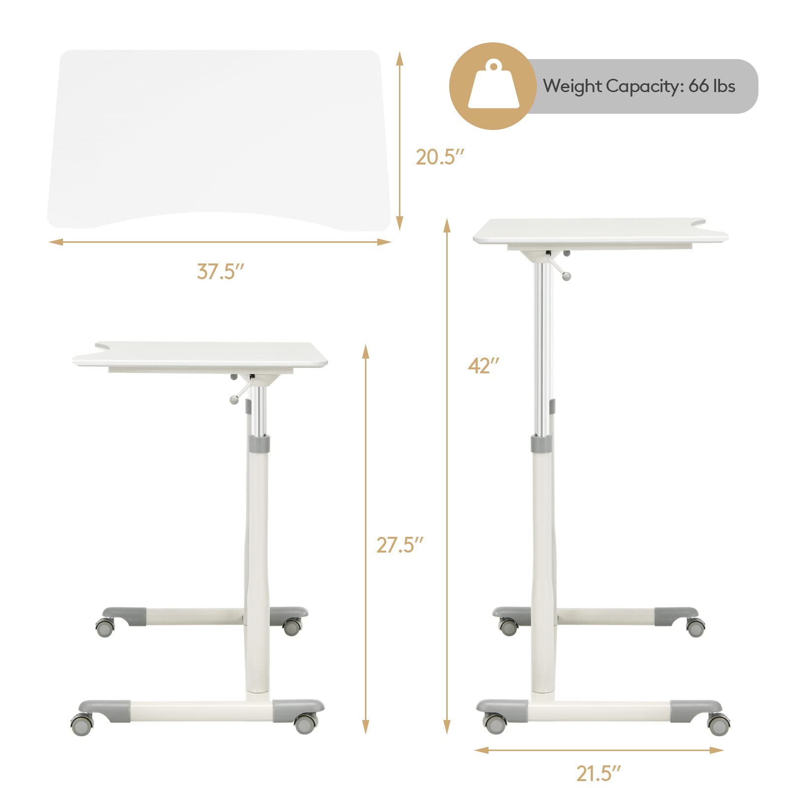 COSTWAY Adjustable Height Standing Desk - Compact Pneumatic Sit Stand Computer Desk with Lockable Wheels & Steel Frame, Ergonomic Rolling Laptop Table for Home Office (White) | Perfect for Small Spaces, Remote Work & Study