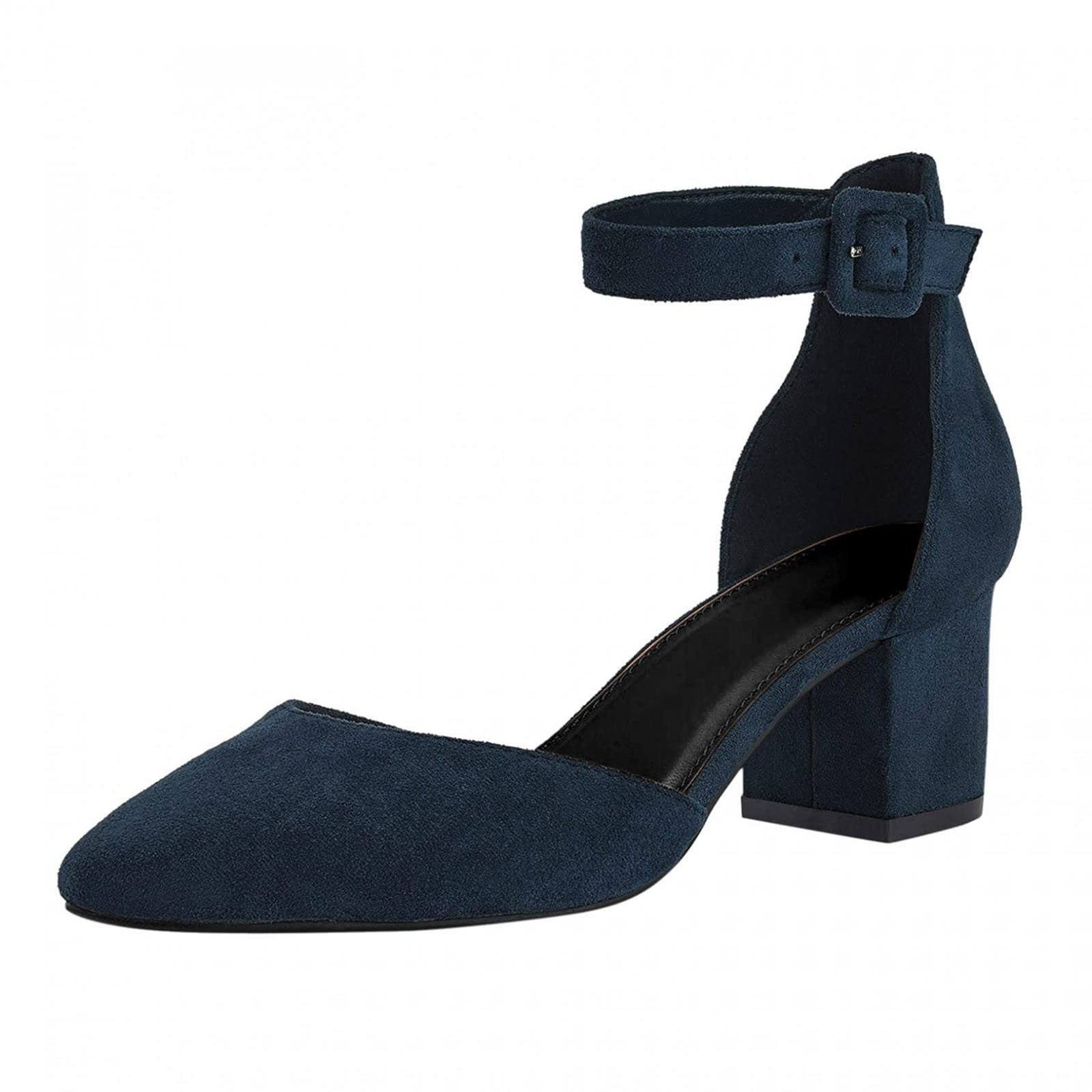 Stylish Women's Pointed Toe Chunky High Heel Dress Sandals - Backless Ankle Strap Faux Suede Pumps for Office, Party & Special Occasions | Comfortable Work Shoes & Evening Wear