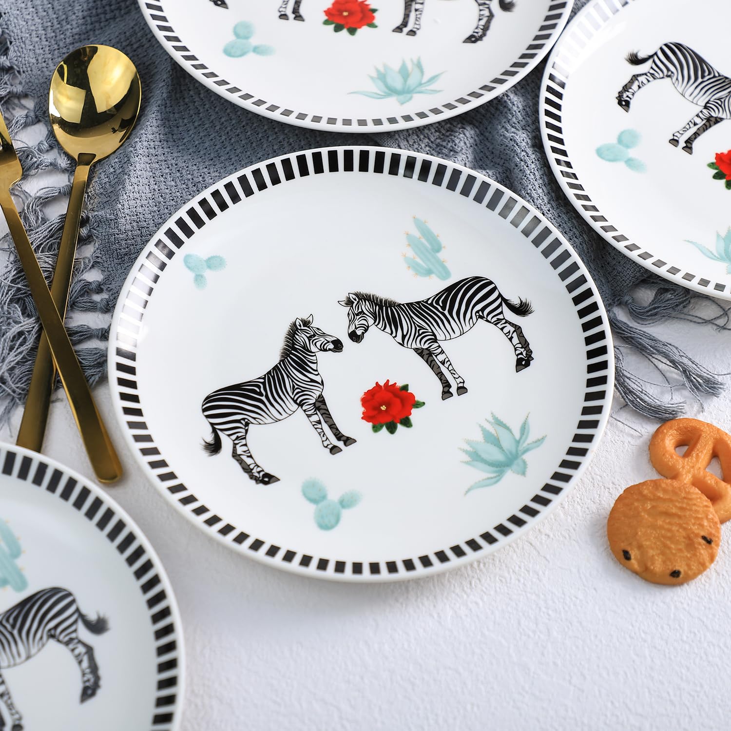 8 Inch Zebra and Cactus Pattern Ceramic Plates - Stylish Salad, Pasta, Fruit, Appetizer & Dessert Dishes - Holiday Dinnerware Set of 4 - Perfect for Christmas, Thanksgiving & Party Entertaining