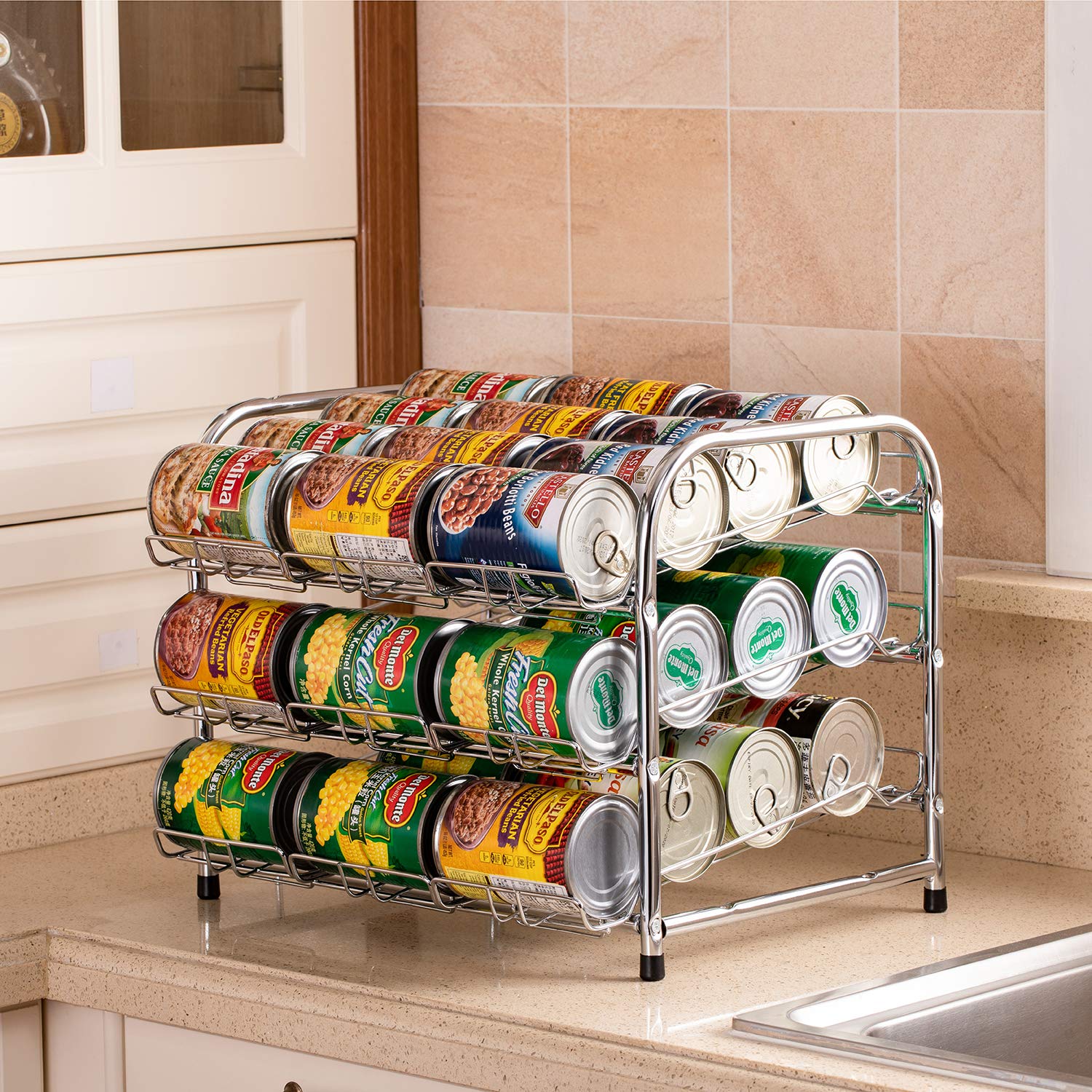 3-Tier Stackable Metal Can Rack Organizer - Holds 36 Cans for Soup, Vegetables & Pantry Storage - Space-Saving Chrome Food Dispenser for Kitchen, Restaurant & Emergency Preparedness