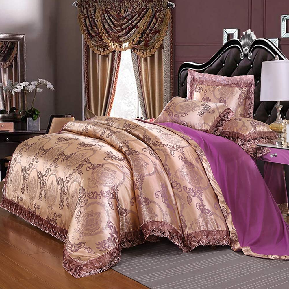 FMOGG Silk & Cotton King Bedding Set - Blue & Gold Jacquard Duvet Cover for Luxury Bedroom