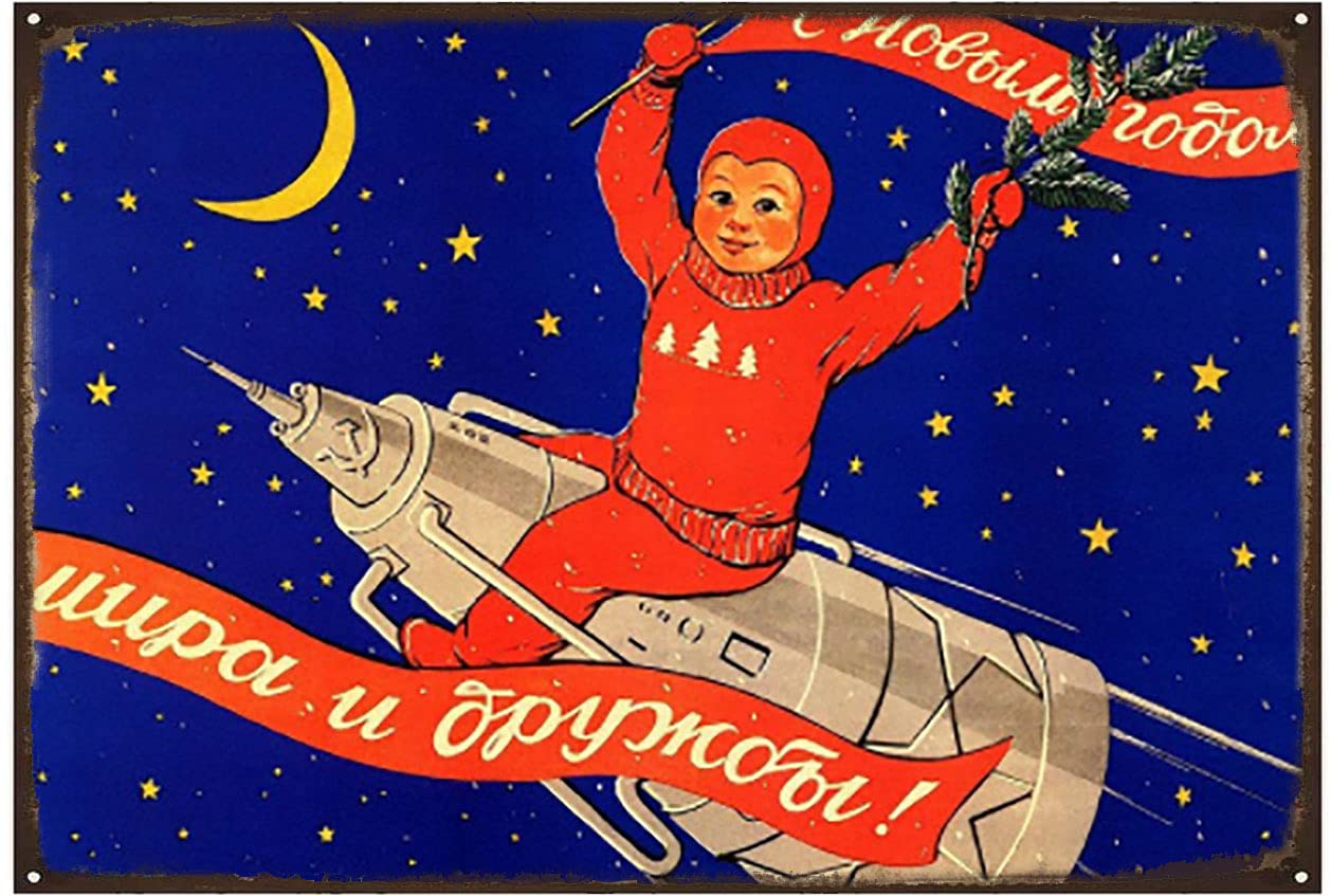 Vintage Metal Tin Sign Wall Decor - Retro Happy New Year Peace & Friendship Soviet Art for Home, Bathroom, Office, Cafe, Bar (12x8 or 12x16 Inch) | Unique Gift Idea & Wall Art for Holiday Decorations, Man Cave, Dorm Room & Themed Parties