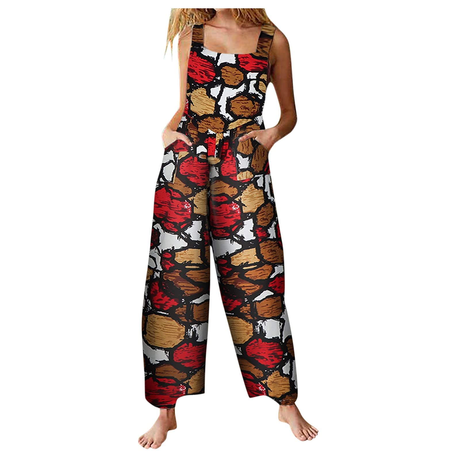 Floral Print Wide Leg Jumpsuit for Women - Vintage Style with Pockets & Adjustable Straps - Casual Summer Romper for Beach, Travel & Everyday Wear