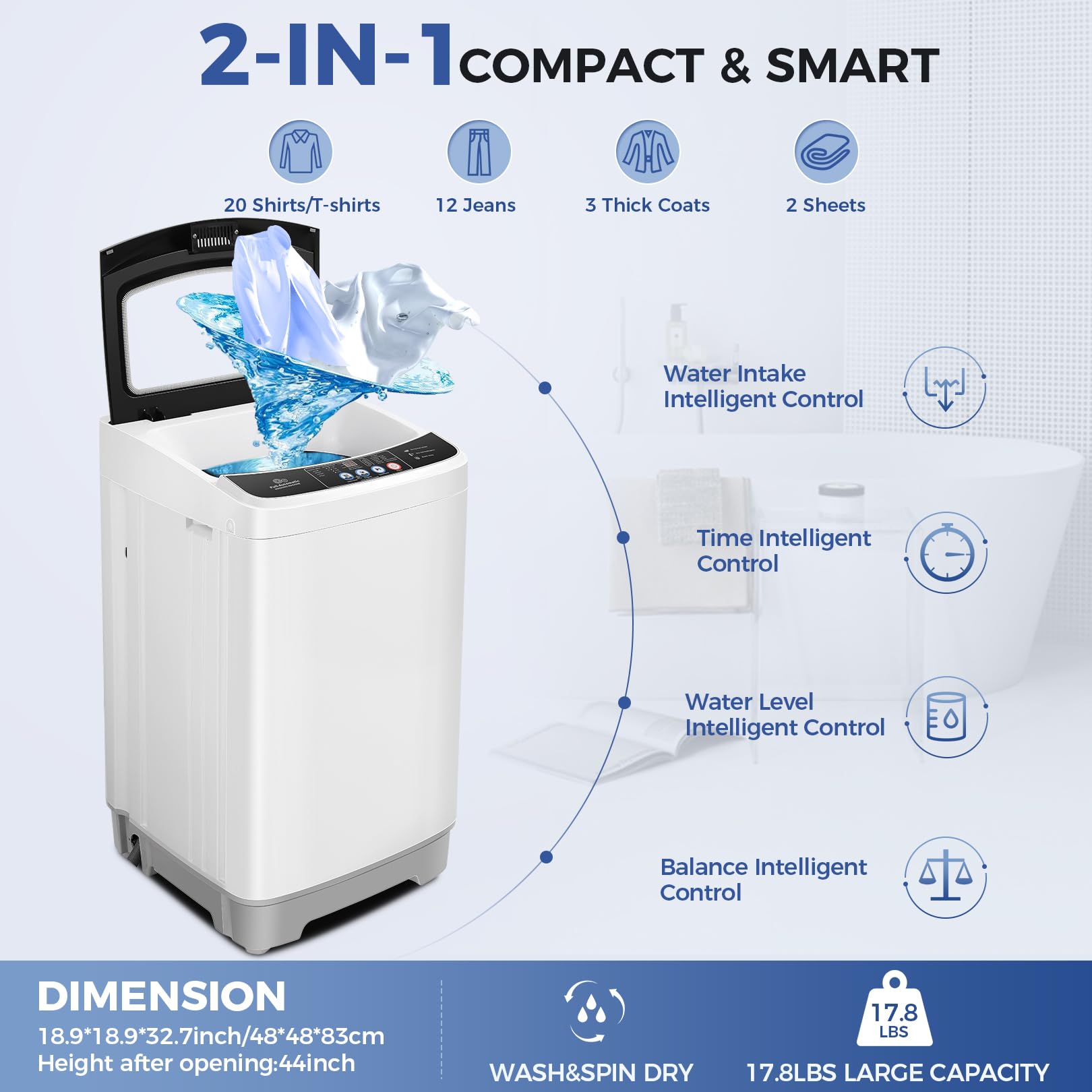 Nictemaw 2.4 Cu.ft Portable Washing Machine - 17.8Lbs Capacity, 10 Wash Programs & 8 Water Levels - Compact Mini Washer for Apartments, Dorms, RVs with Glass Cover - Perfect for Small Spaces, Travel & Off-Grid Living