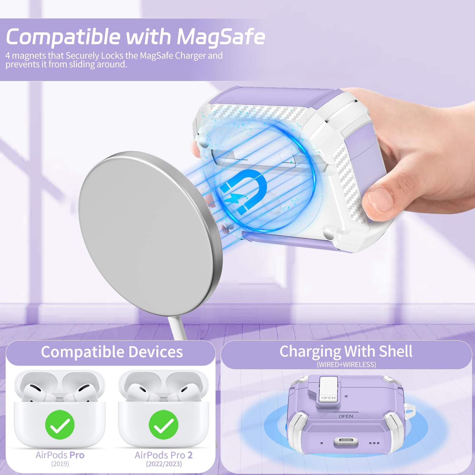 MagSafe AirPods Pro 2 Case with Stand & Cleaner - Purple for Work & Travel