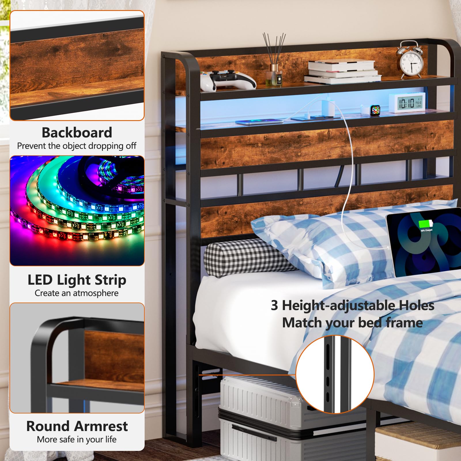 Twin Size Headboard with 2 Outlets & 2 USB Ports - Adjustable Charging Station & 2-Tier Storage Shelf - Rustic Brown Bed Headboard for Dorm, Bedroom, or Apartment - Sturdy & Functional Cabeceras de Cama