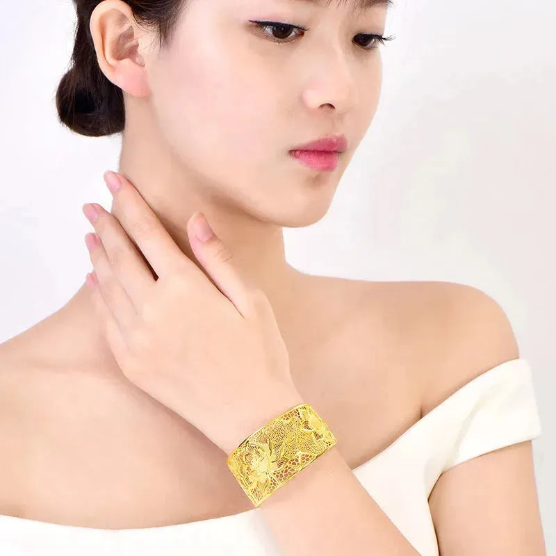 24K Pure Gold Bracelet - 999 Solid Real Gold Bangle with Elegant Flower Design, Romantic & Classic Jewelry for Women | Perfect for Gifts, Weddings, Anniversaries & Special Occasions