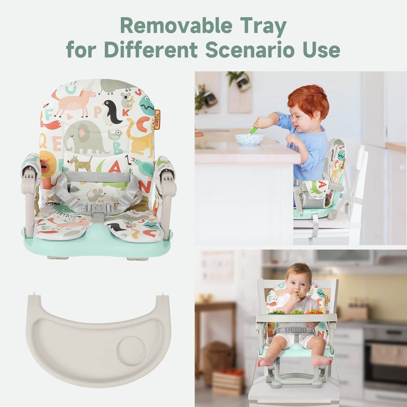 YOLEO Adjustable Baby Booster Seat with Removable Tray - Portable Foldable High Chair for Toddlers & Infants - Easy to Clean Travel Dining Seat for Home, Restaurant & Outdoor Use (Green)