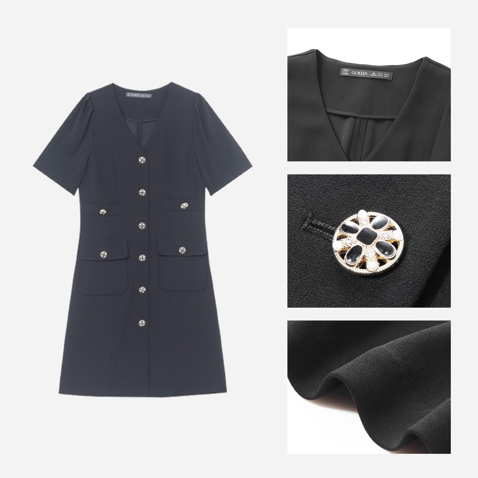 Women's Triacetate Black Mini Dress - Business Casual A-Line V-Neck Button Front Dress for Work, Office & Teaching | Perfect for Professional Meetings, Office Parties & Smart Casual Occasions