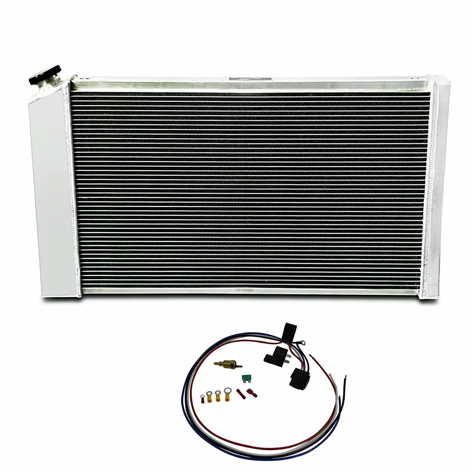 4 Row Aluminum Radiator with Shroud Fan & Relay Kit for 1971-1990 Chevy C/K 10 20 30 & Caprice - Heavy Duty Cooling Upgrade for Classic Trucks & Cars - Perfect for Restoration Projects & Hot Rod Builds