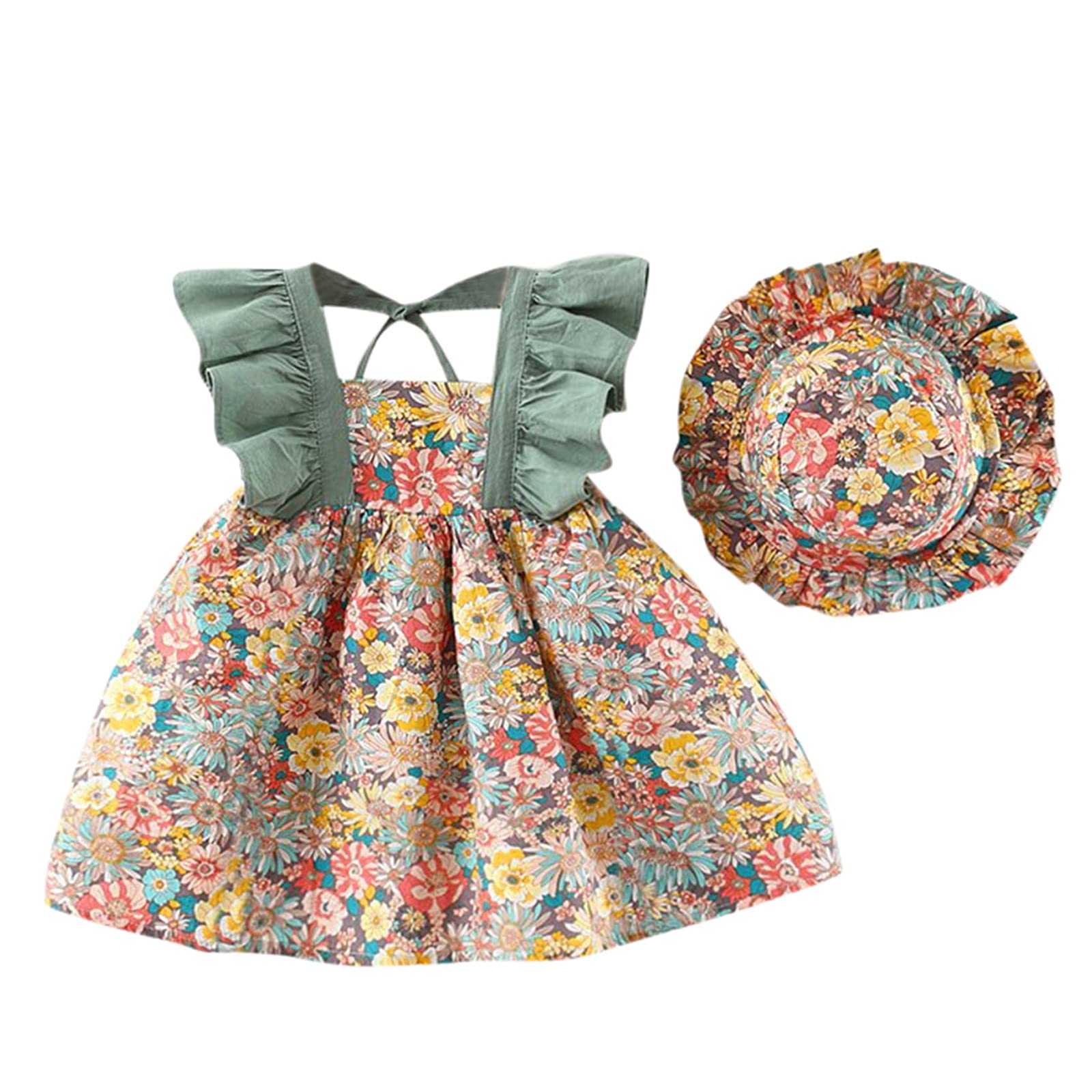 Floral Baby Girl Dress & Skirt Set with Suspenders and Princess Hat - Summer Beach Outfit for Infant & Toddler - Perfect for Photoshoots, Parties, and Outdoor Play
