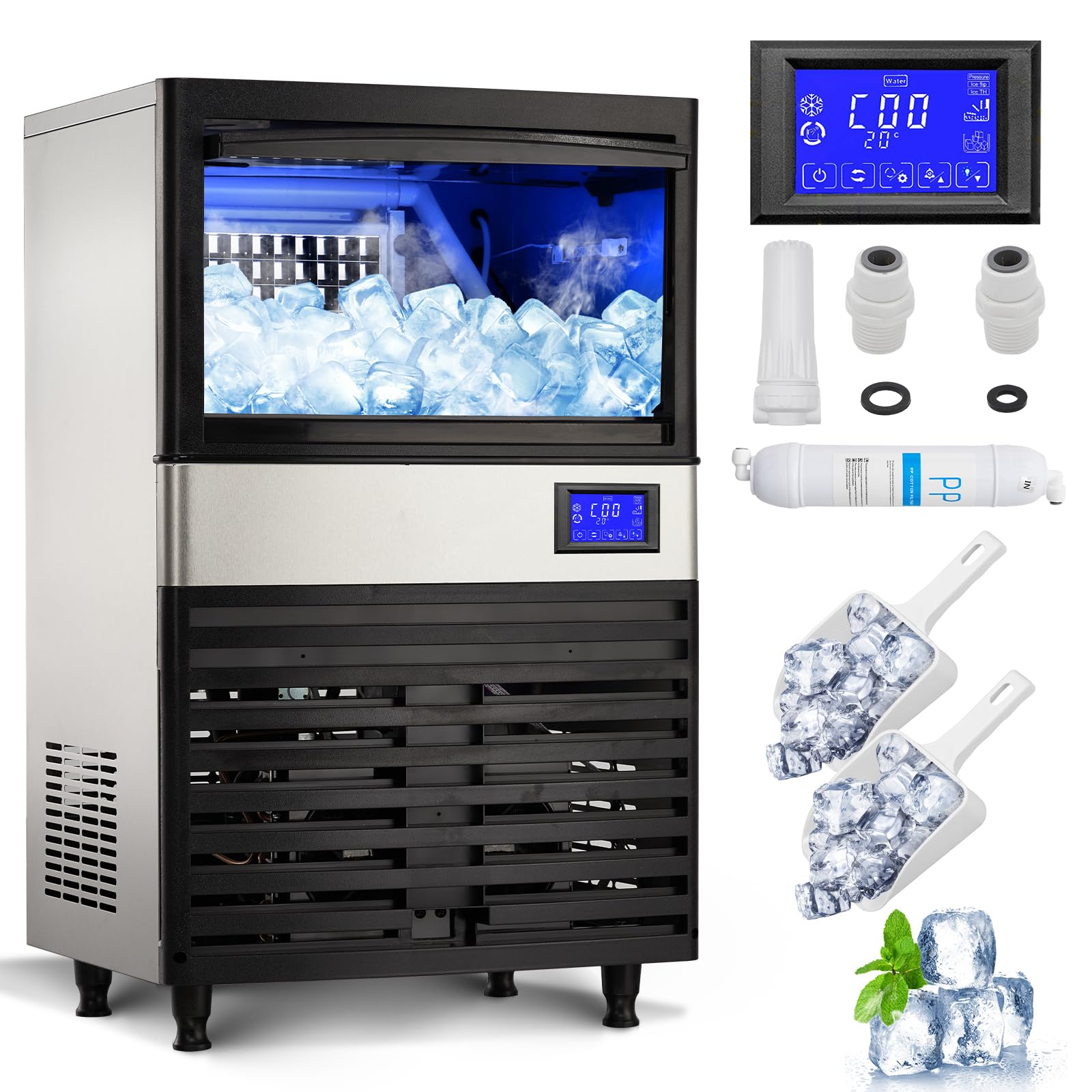 Pioneerworks Commercial Ice Maker Machine 110lbs/24H, Under Counter Self-Cleaning Ice Machine with 27lbs Storage Bin, LCD Display & Blue Light - Stainless Steel Ice Maker for Restaurants, Bars, Coffee Shops & Home Use - Perfect for Beverage Service, Parties & Commercial Kitchens