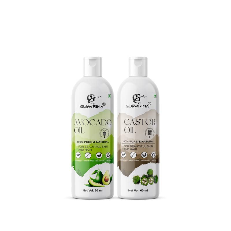 Glowrima 100% Pure Avocado Oil & Castor Oil Combo (60ML Each) for Hair Growth, Anti Hair Fall, Split Ends Treatment - Promotes Softer, Shinier Hair - Pack of 2 - Perfect for Daily Hair Care & Scalp Massage