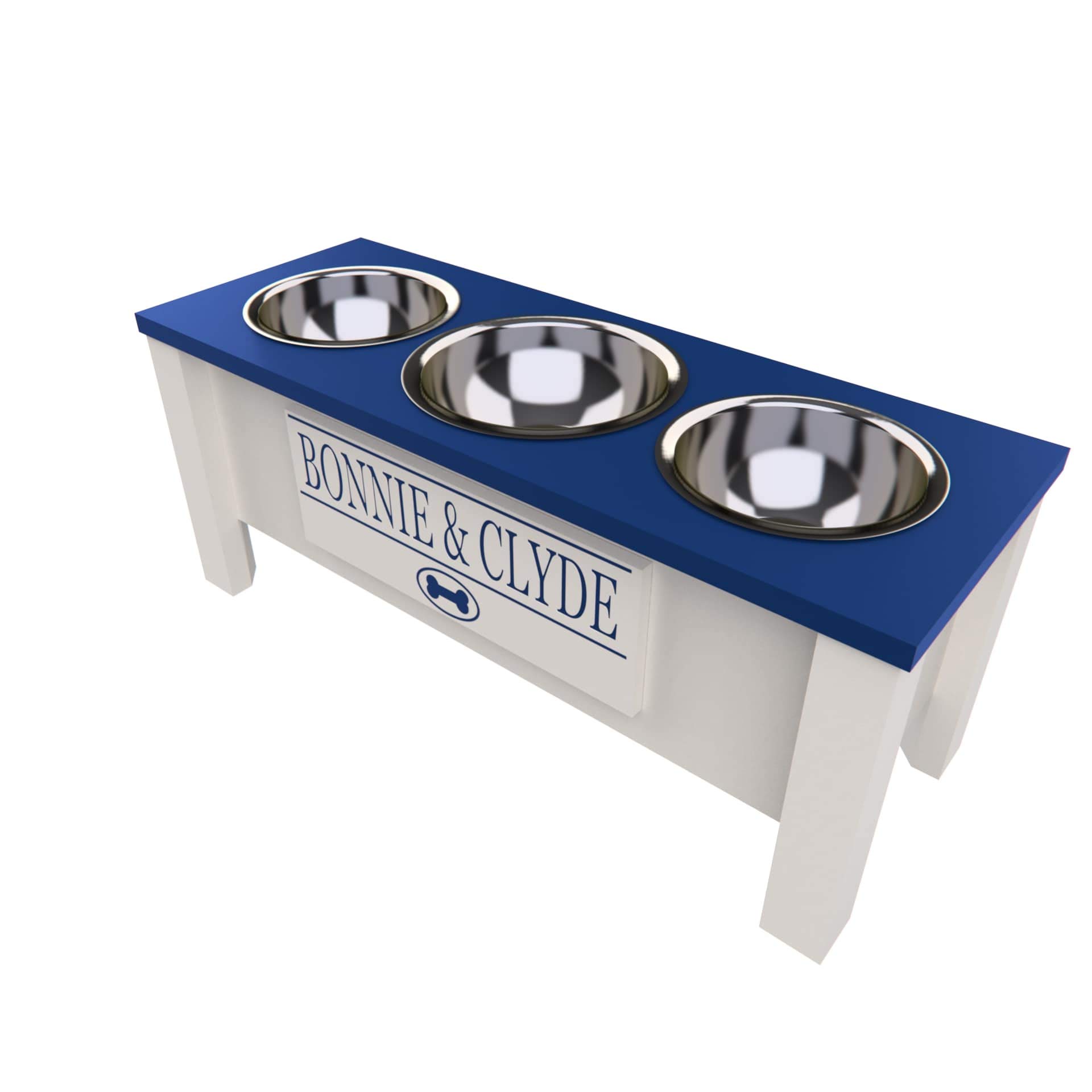 Personalized Elevated Triple Dog Bowl Stand for Large, Medium, Small & X-Small Dogs - 3 Stainless Steel Food & Water Bowls with Internal Storage (Large, Blue) - Perfect for Feeding Multiple Pets & Space-Saving Kitchen Organization
