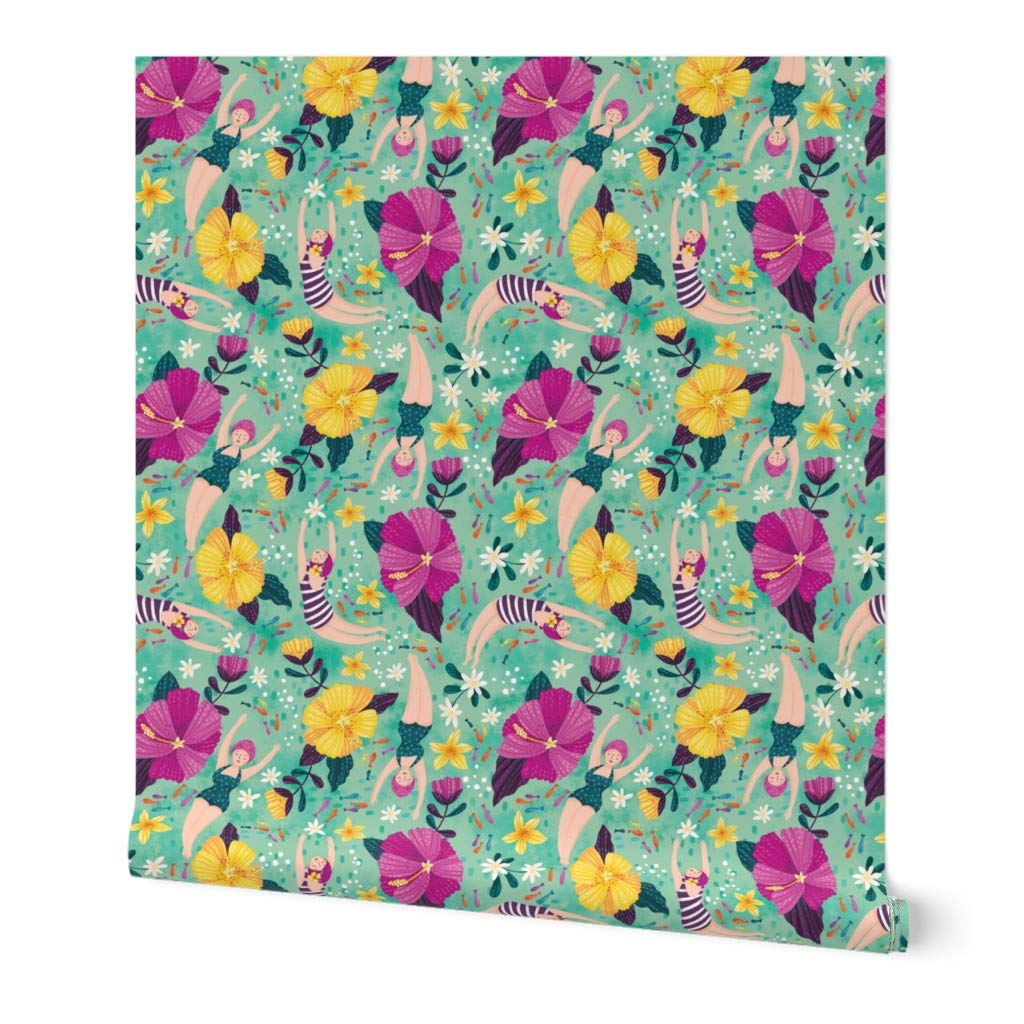 Peel & Stick Removable Wallpaper 9ft x 2ft - Underwater Ocean Theme with Hibiscus Flowers, Bubbles & Sea Animals | Self-Adhesive Custom Wallpaper for Bedroom, Nursery, or Bathroom Decor by Spoonflower