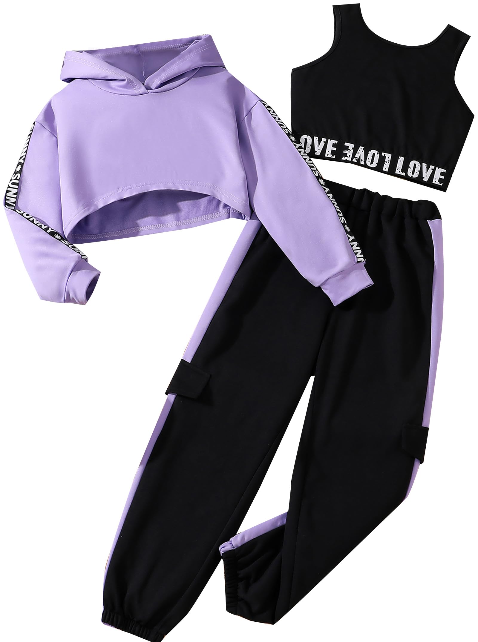 Hilinker Girls Graphic 3-Piece Workout Outfit Set - Hoodie, Crop Tank & Sweatpants for Gym, Yoga & Casual Wear | Trendy Athletic Wear for Teens & Women