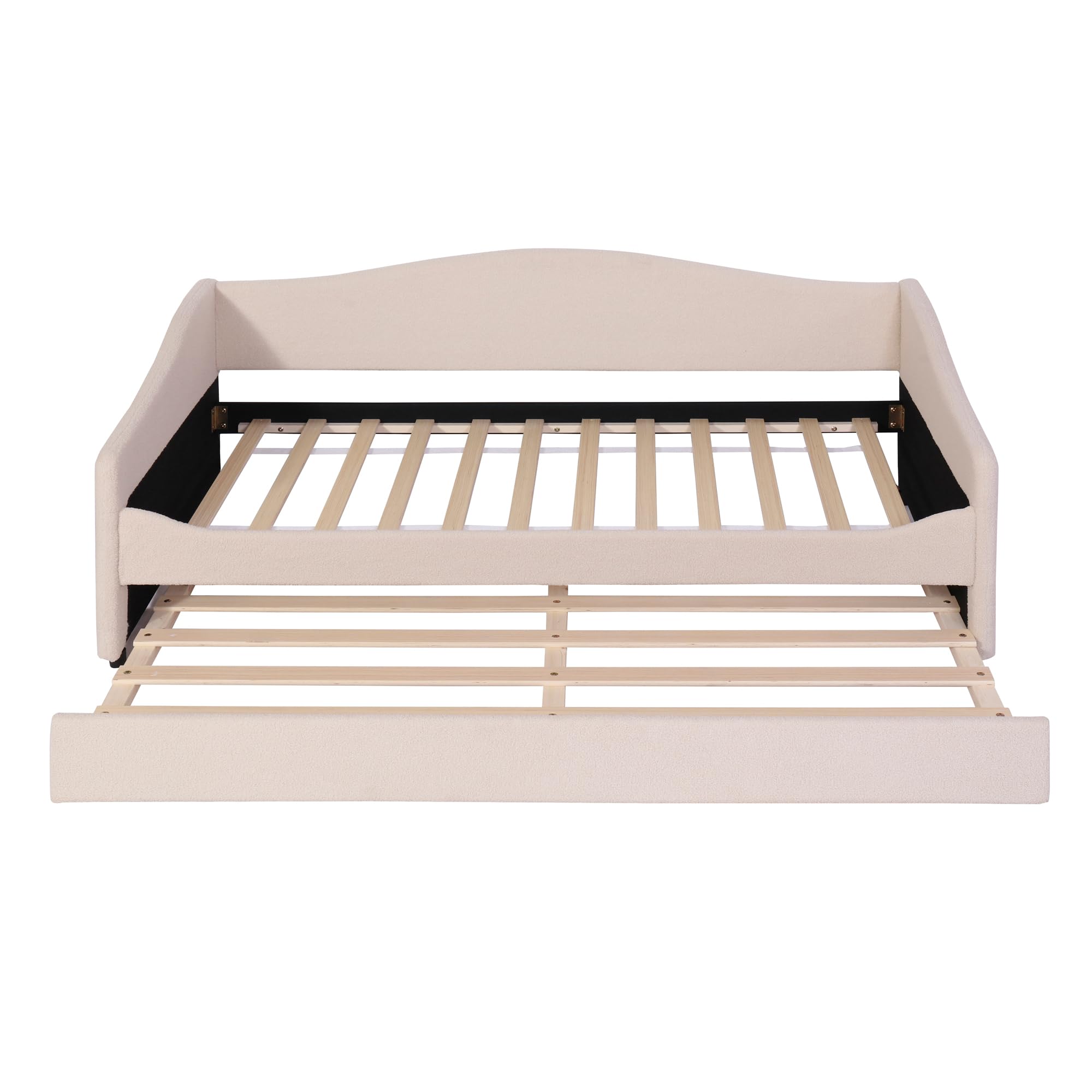 MERITLINE Twin Size Upholstered Daybed with Trundle and LED Lights - Teddy Fleece Sofa Bed Frame with Wooden Trundle - Convertible Sleeper for Bedroom, Living Room, Guest Room - Beige Modern Furniture for Small Spaces & Sleepovers