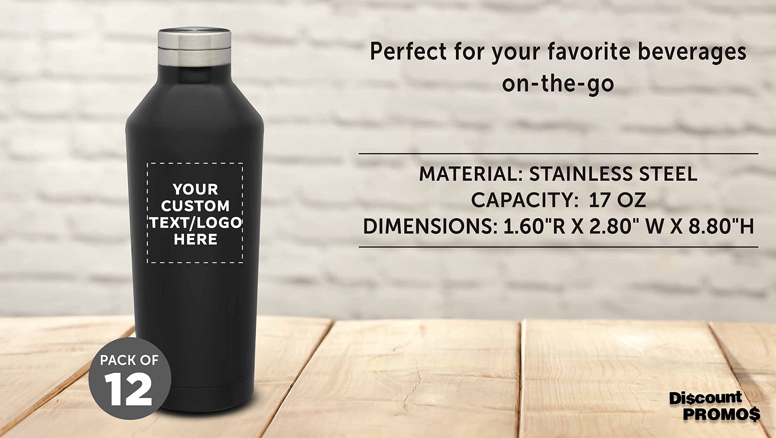 Custom Stainless Steel Water Bottles 17oz (12-Pack) - Double Wall Insulated, Personalized Bulk Drinkware for Coffee, Tea, Soda & Cold Beverages - Black - Perfect for Office, Gym, Camping & Outdoor Activities
