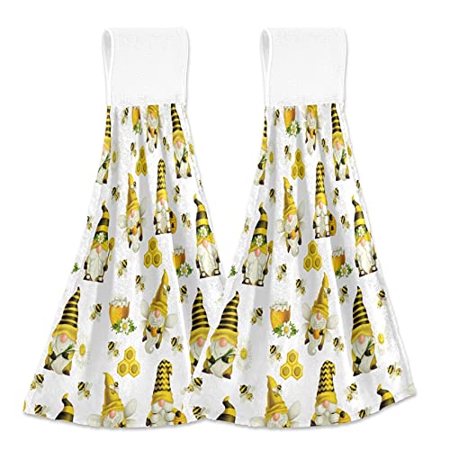 Premium Bee Gnomes Kitchen Hand Towels Set of 2 - Super Soft Absorbent Farmhouse Dishcloths for Kitchen & Bathroom Decor | Summer Yellow Hanging Tie Towels, Luxury Washcloths for Farmhouse, Cottage & Rustic Home Decor