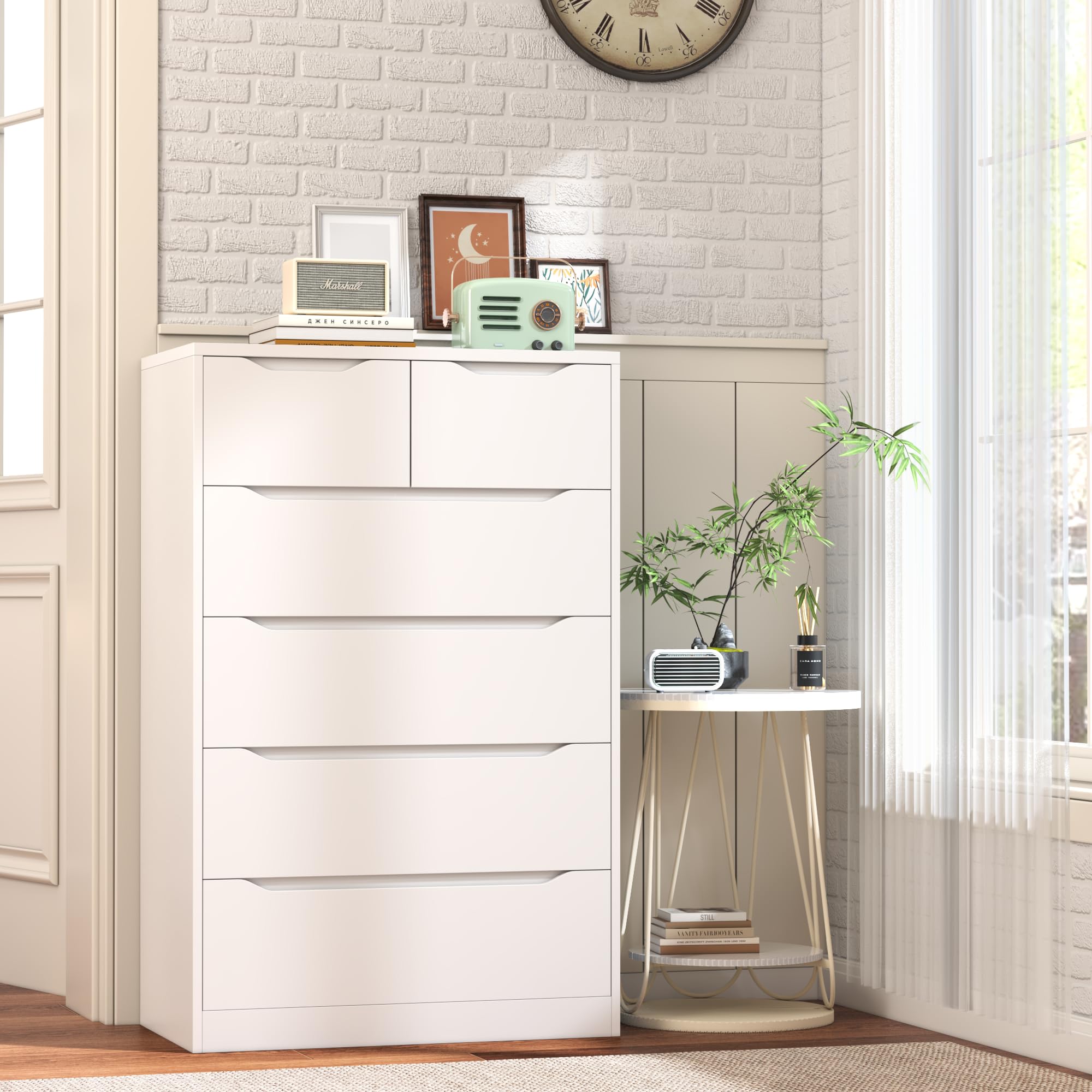 Modern White 6-Drawer Dresser for Bedroom - Tall Chest of Drawers with Large Storage Space - Perfect for Bedroom, Corridor & Living Room - 27.5