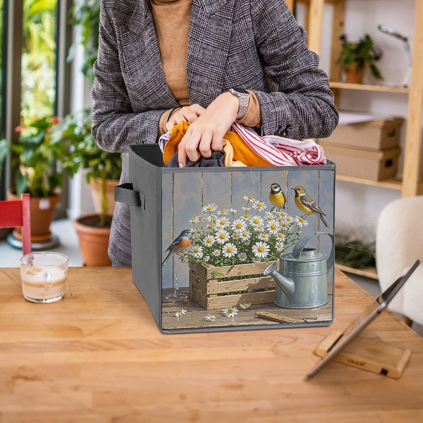 2PCS Foldable Storage Bins with Daisy & Bird Print - Large Capacity Storage Boxes with Handles for Home, Office, Playroom Organization | Perfect for Toys, Books, Clothes & Household Items Storage