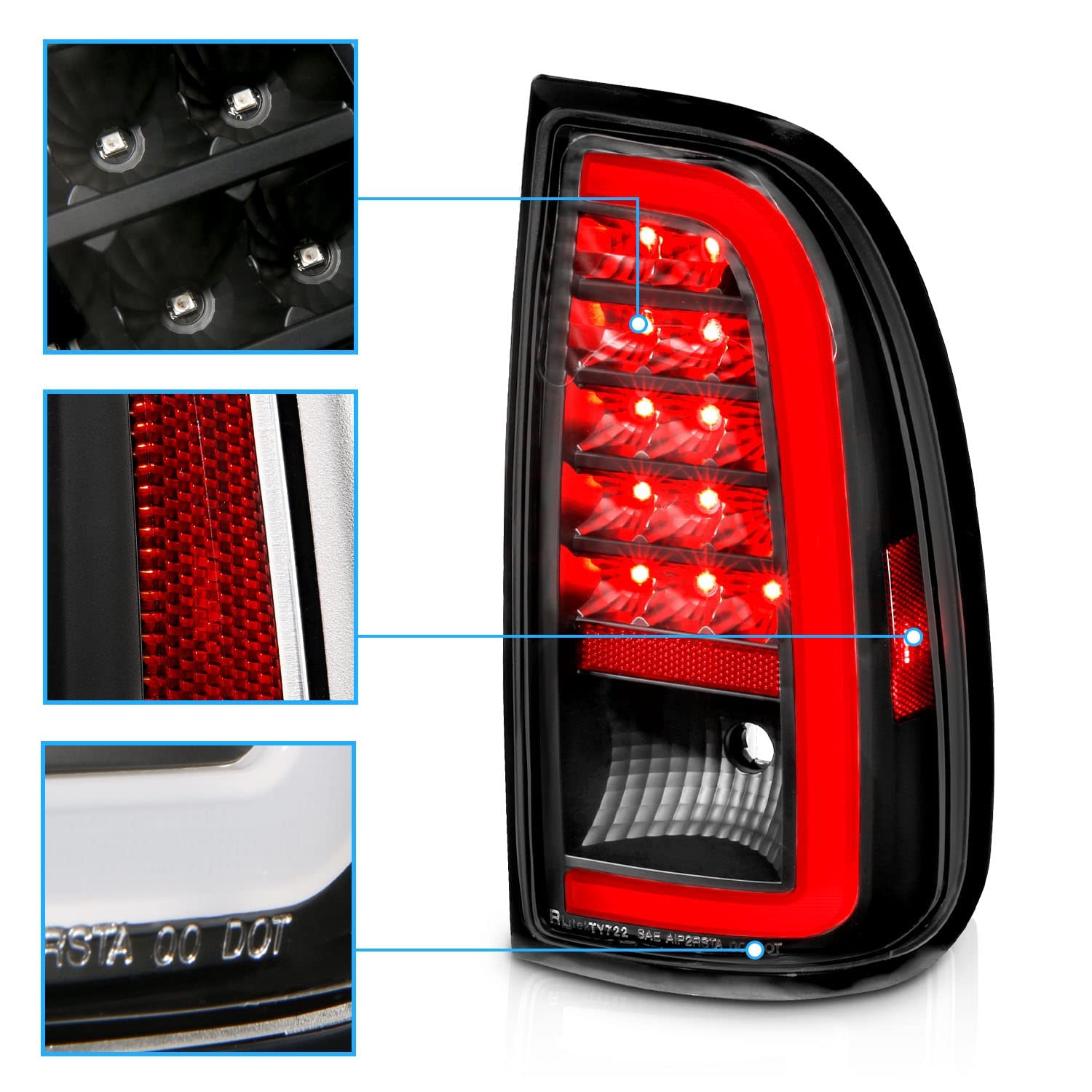 AmeriLite LED Brake Tail Lights for 2000-2006 Toyota Tundra Standard Access Cab - C-Type Black Replacement Light Pair (Driver & Passenger Side) | Durable, Bright & Weatherproof for Night Driving & Enhanced Safety