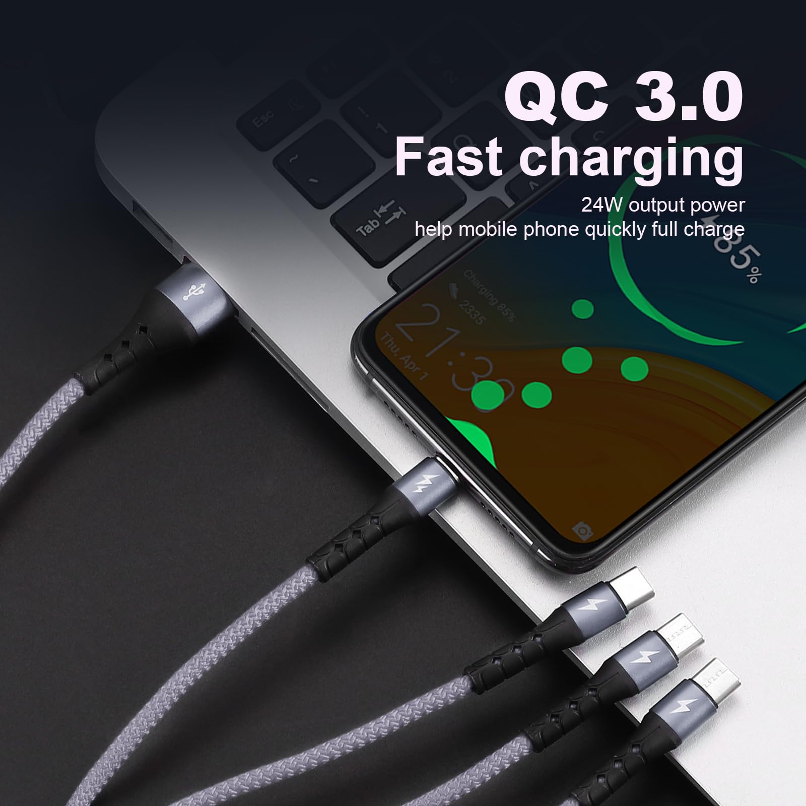 SIQIWO 4-in-1 Multi USB C Fast Charging Cable [4FT 2-Pack] - QC 3.0 3A Type C Splitter with 4 Ports - Compatible with iPhone 16/15 Series, iPad Air/Pro, Samsung Galaxy S24/S23, Google Pixel, PS5 - Perfect for Home, Office & Travel Charging Multiple Devices Simultaneously
