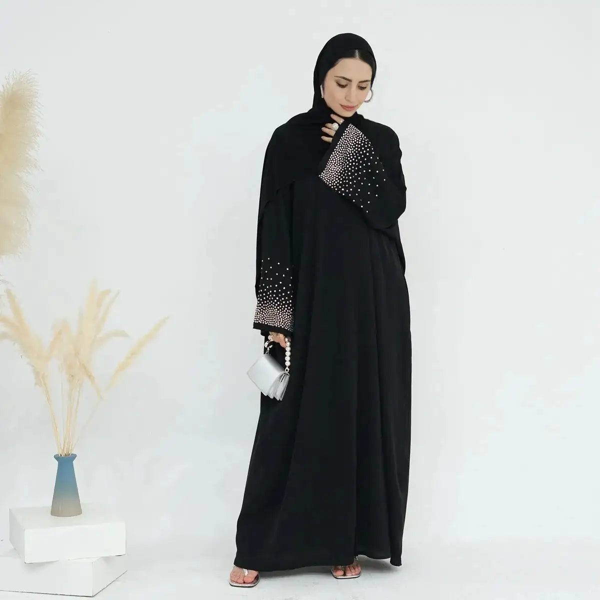 Hotfix Rhinestone Sleeve Nida Cardigan Open Abaya Dress for Women - Elegant Embellished Long Cover Up for Parties, Weddings & Special Occasions