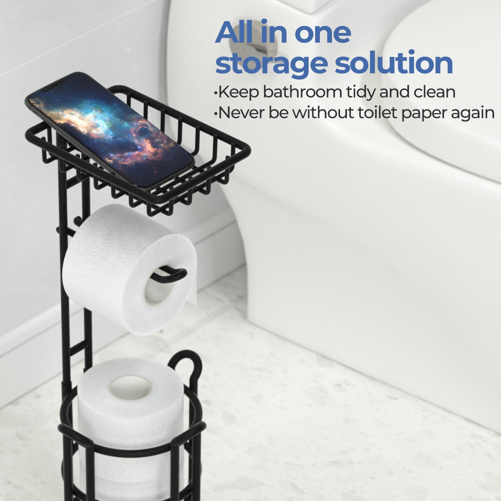 TreeLen Toilet Paper Holder Stand with Shelf - Matte Black Bathroom Tissue Roll Dispenser for Mega Rolls | Space-Saving Storage Solution for Small Bathrooms & Powder Rooms