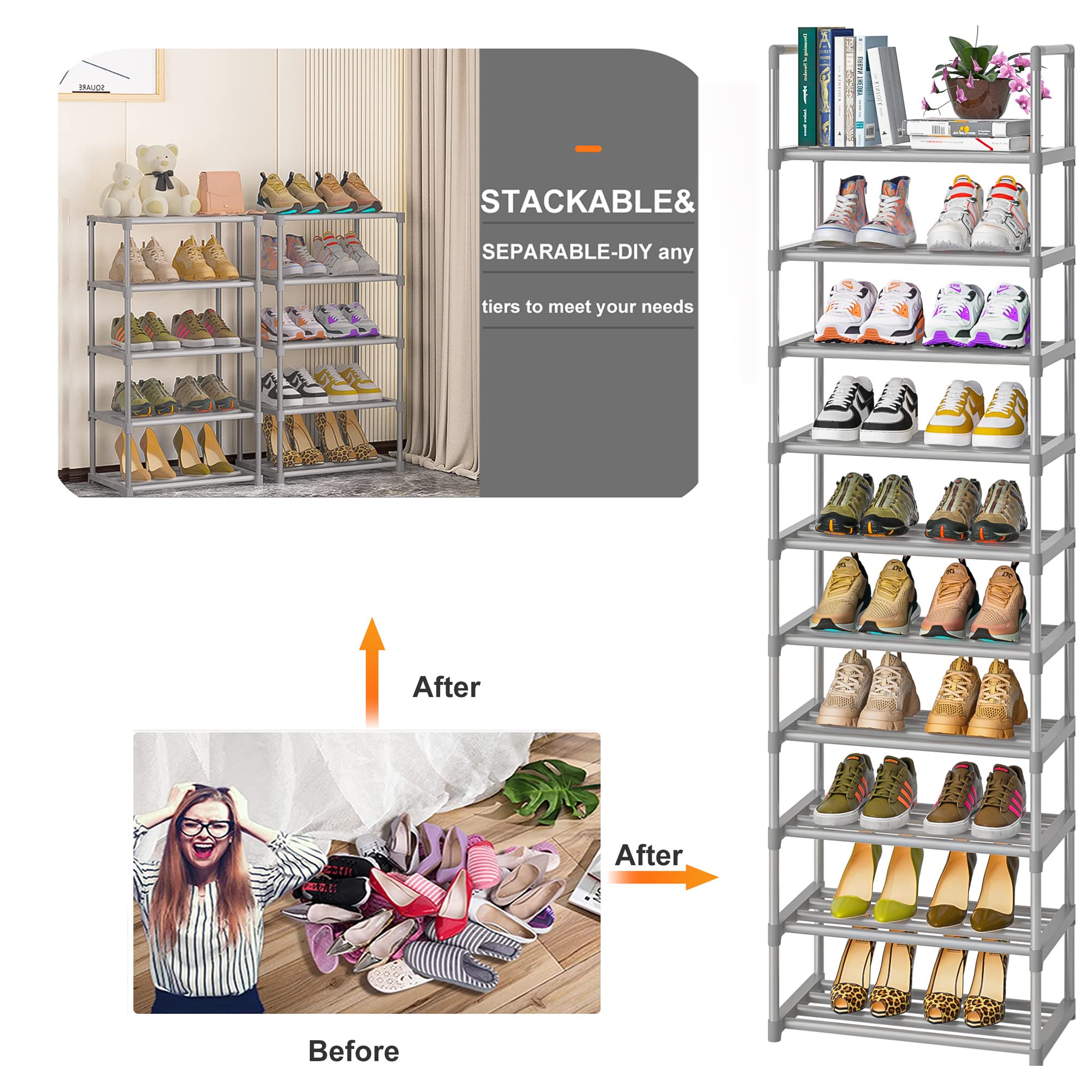 10-Tier Metal Shoe Rack Organizer - Space Saving Narrow Shoe Shelf for Closet, Entryway, Bedroom & Garage - Durable Steel Shoe Storage Solution (Silver) - Perfect for Small Spaces & Shoe Collection Organization
